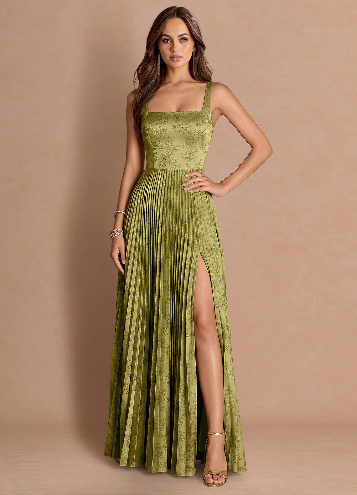 Tatiana A-Line Square-Neck Jacquard Wedding Guest Dress in Moss Navy