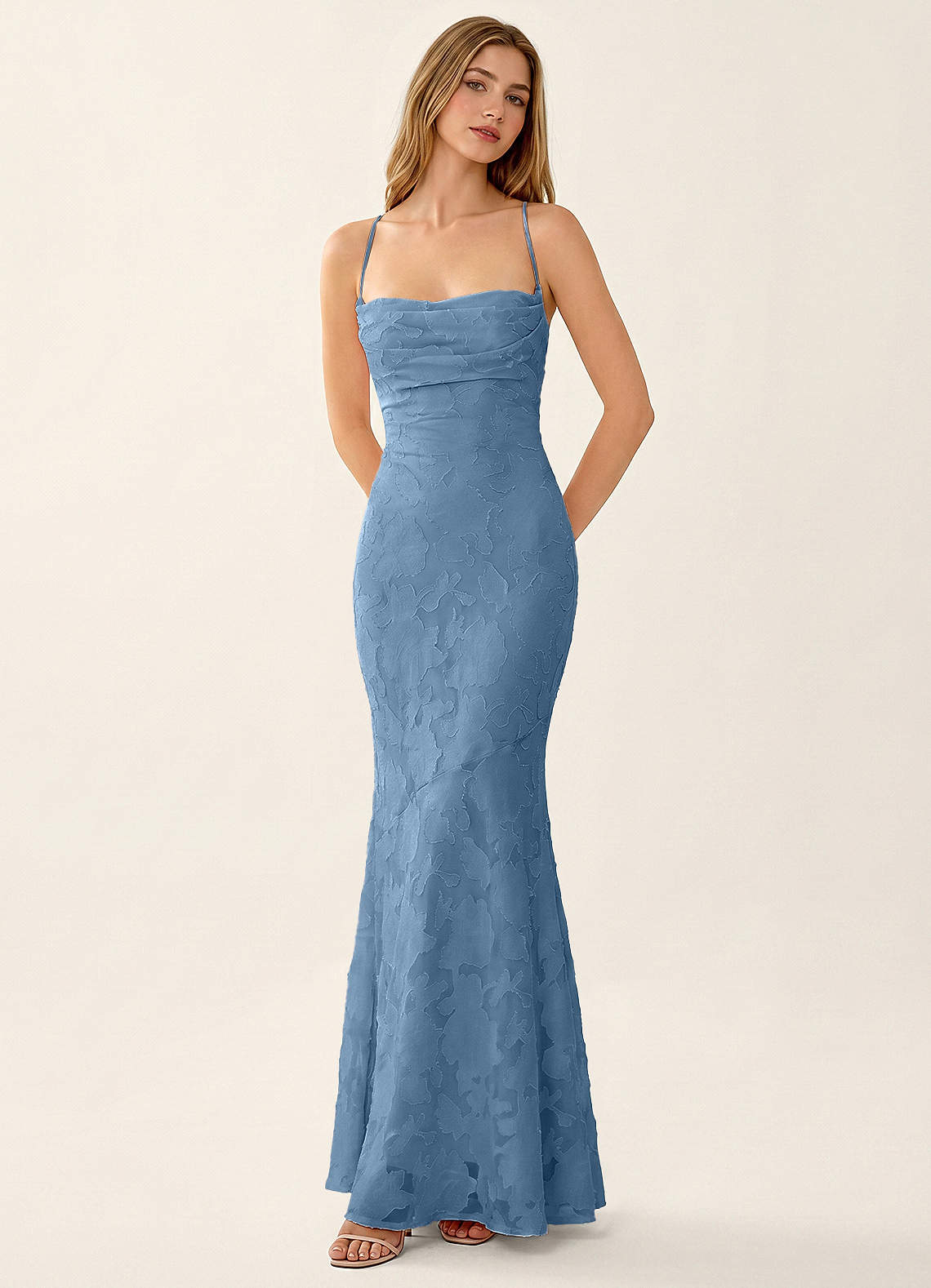 Natasha Mermaid Spaghetti-Strap Floral Burnout Evening Dress in Steel Blue