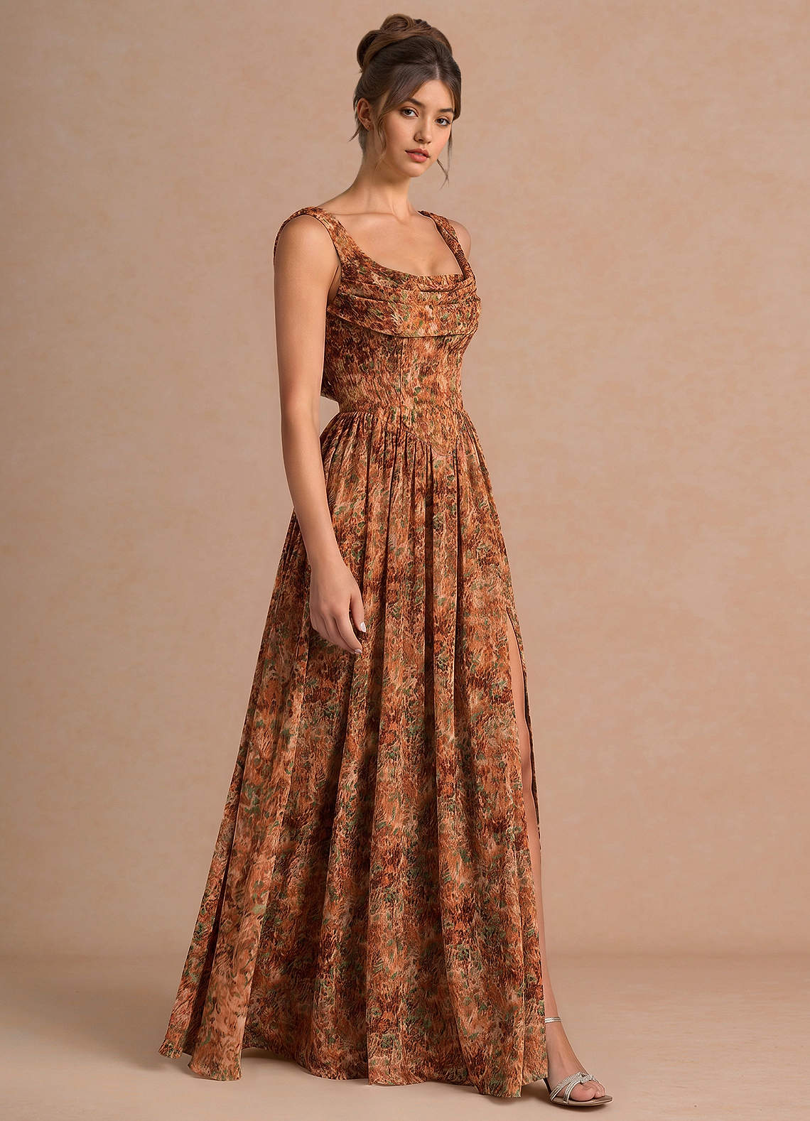 Aurore A-Line Cowl-Neck Chiffon Wedding Guest Dress in Orange Floral