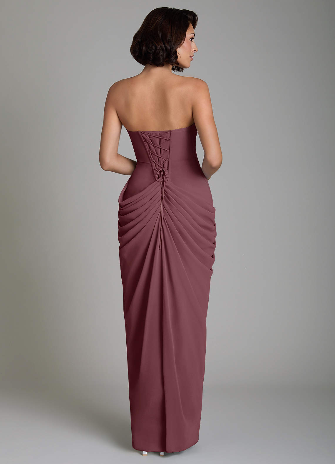 Nyra Sheath Strapless Chiffon Bridesmaid Dress in Sangria