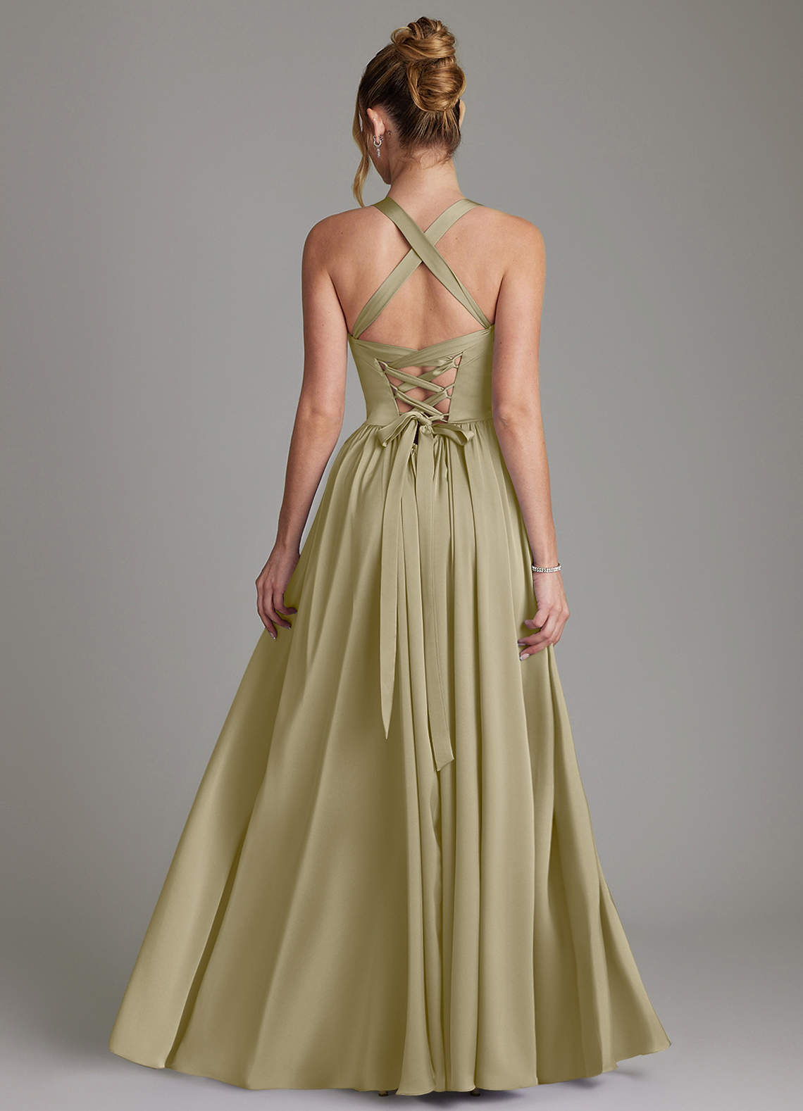 Francis A-Line V-Neck Stretch Satin Bridesmaid Dress in Moss Green