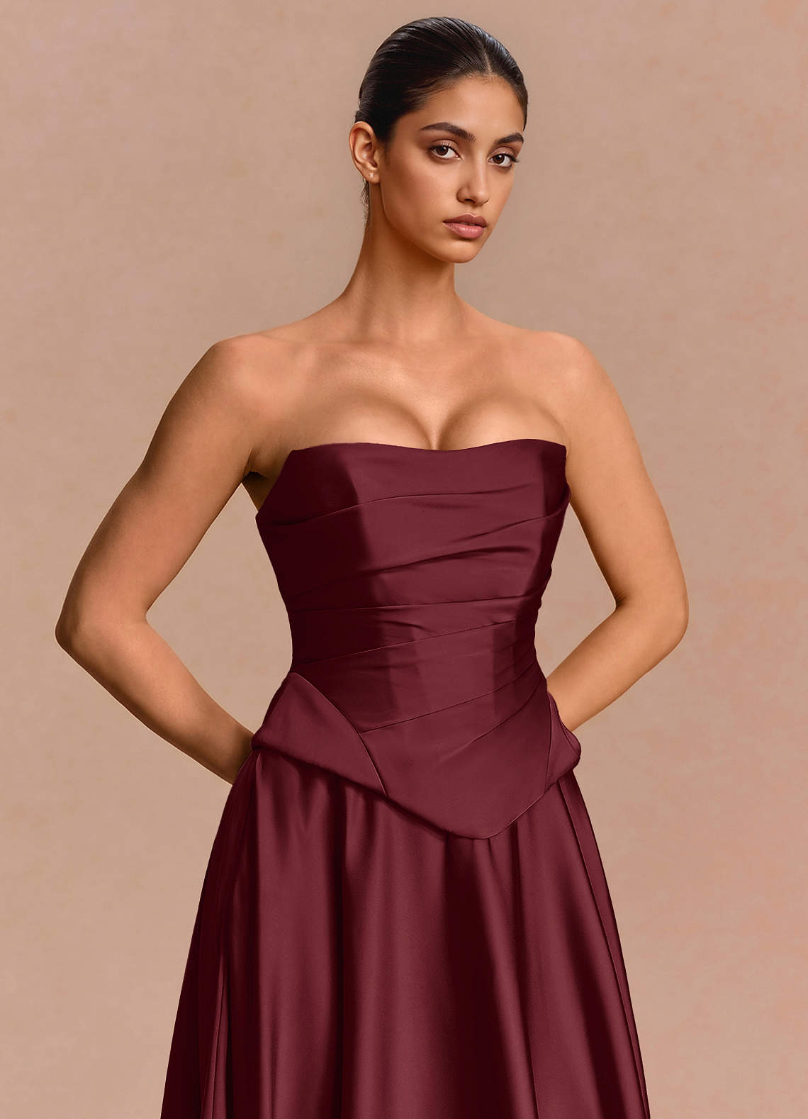 Eponine A-Line Pleated Stretch Satin Evening Dress in Wine