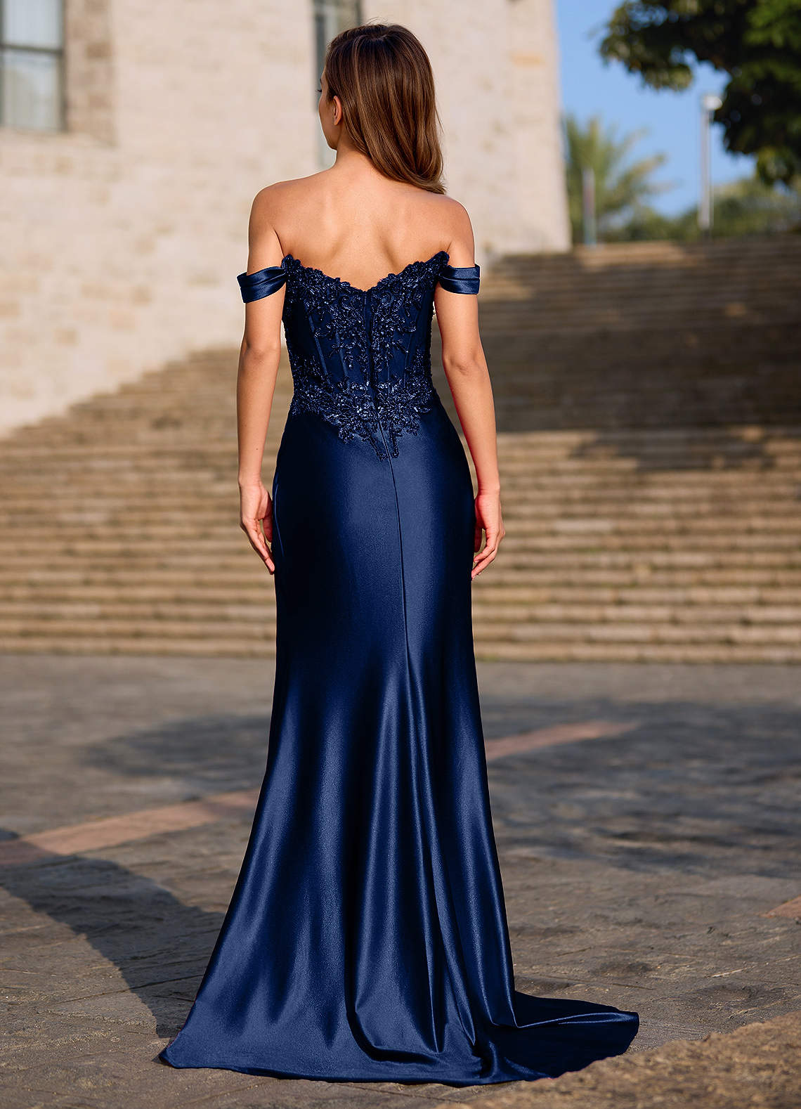 Opulence Mermaid Off-the-Shoulder Satin Evening Dress in Neptune