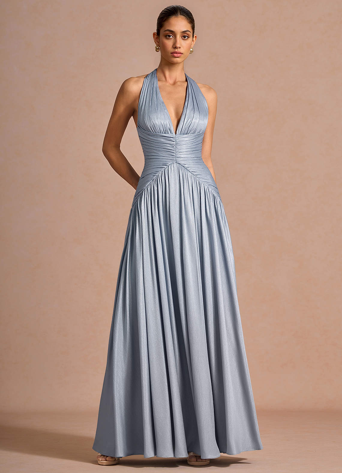 Hecate A-Line Halter Satin-Faced Chiffon Evening Dress in Blue Fog