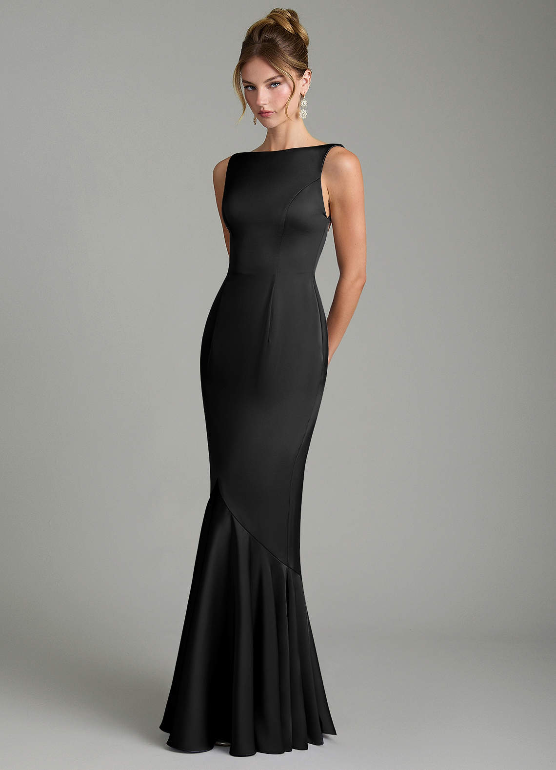 Tamera Mermaid Boat-Neck Stretch Satin and Chiffon Bridesmaid Dress in black