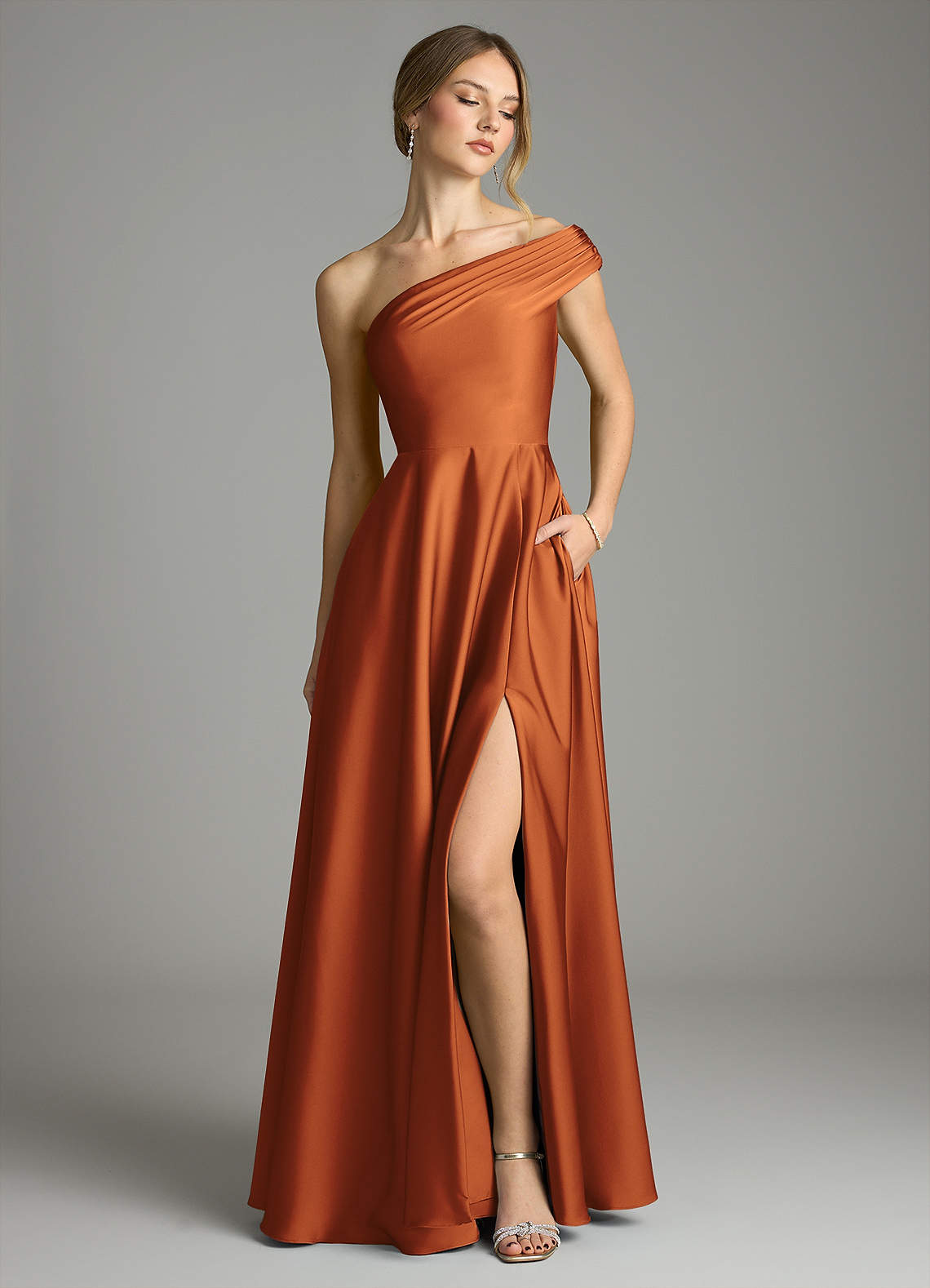 Melanie A-Line One-Shoulder Stretch Satin Bridesmaid Dress in Cinnamon