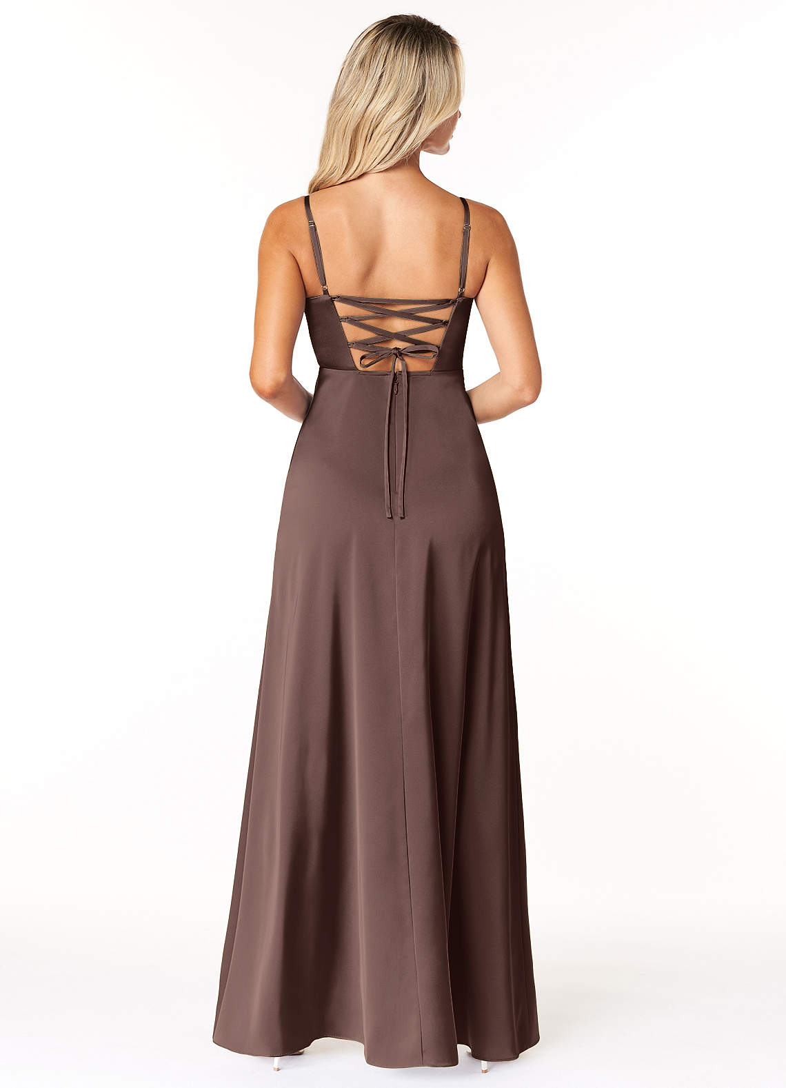 Marchella A-Line V-Neck Stretch Satin Bridesmaid Dress in Ganache