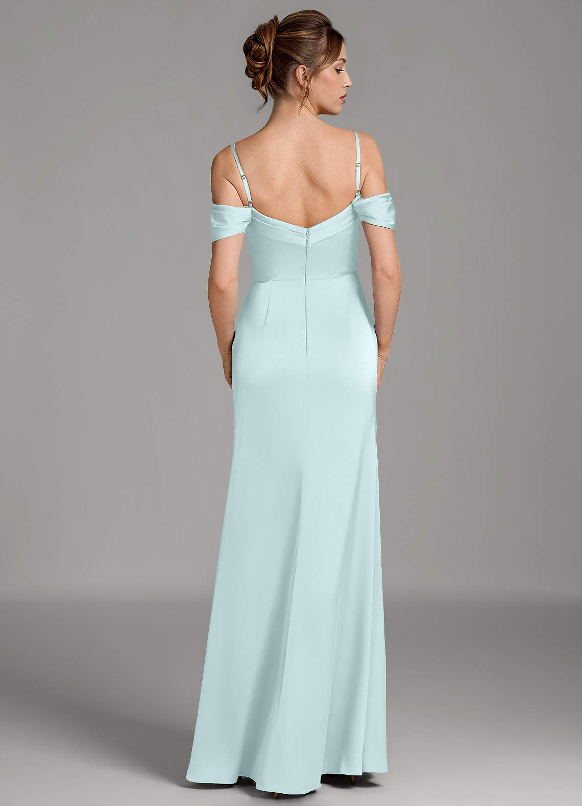 Wyatt Mermaid Off-the-Shoulder Stretch Satin Bridesmaid Dress in Sea Glass