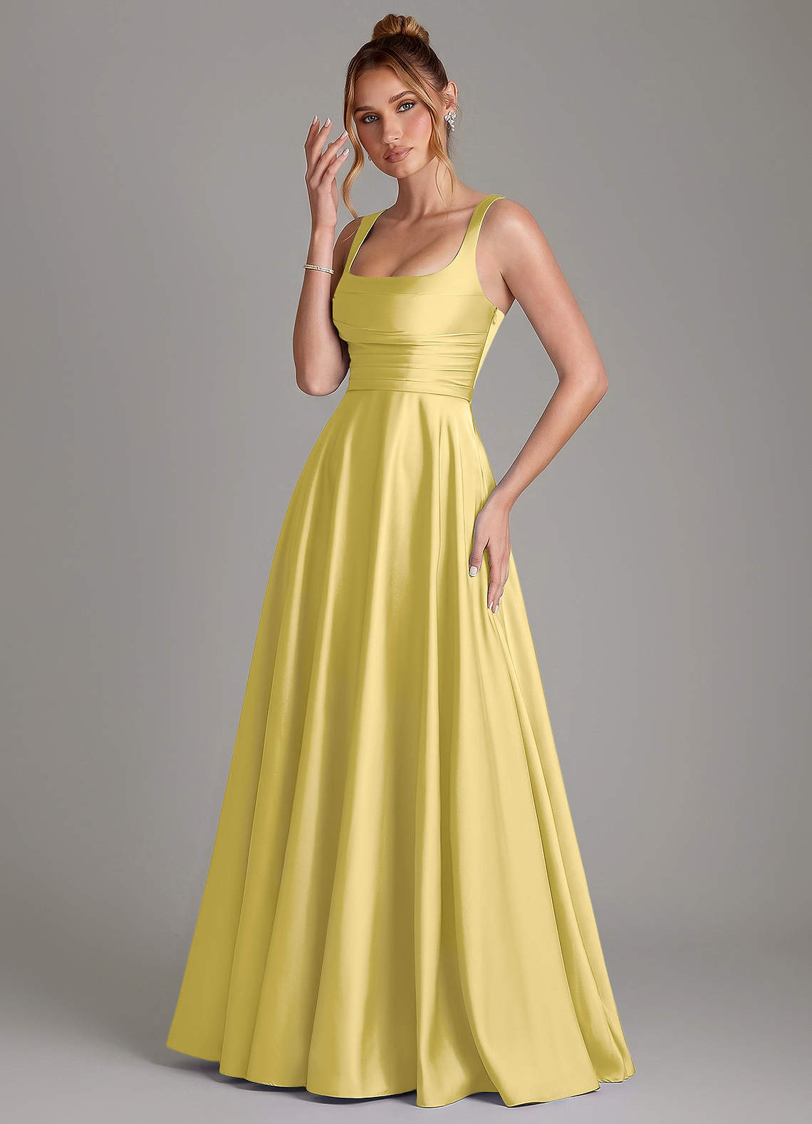 Azaria A-Line Square-Neck Stretch Satin Bridesmaid Dress in Canary