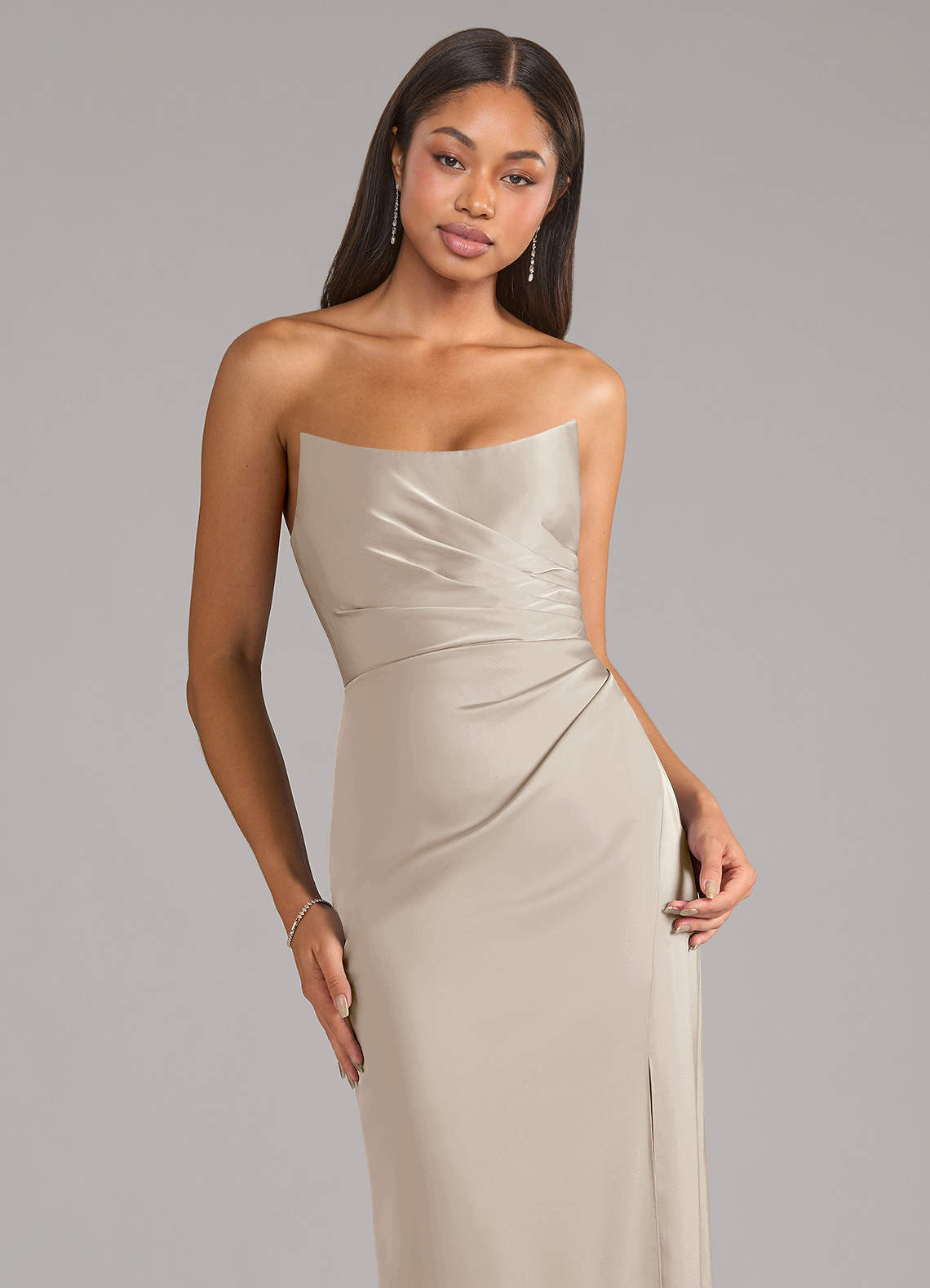 Marla Sheath Strapless Stretch Satin Bridesmaid Dress in Frost