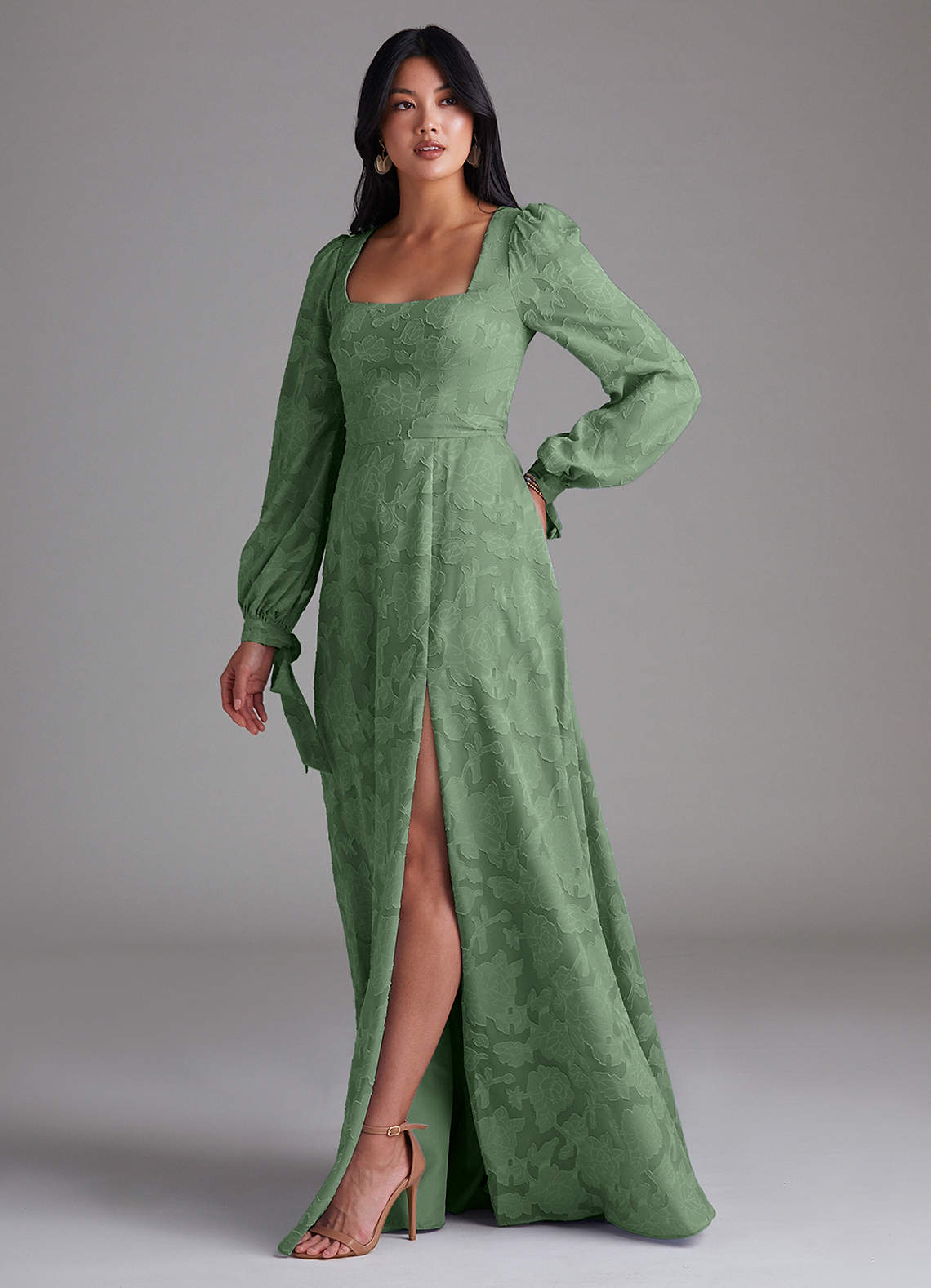 Leonia A-Line Square-Neck Stretch Satin Bridesmaid Dress in Eucalyptus