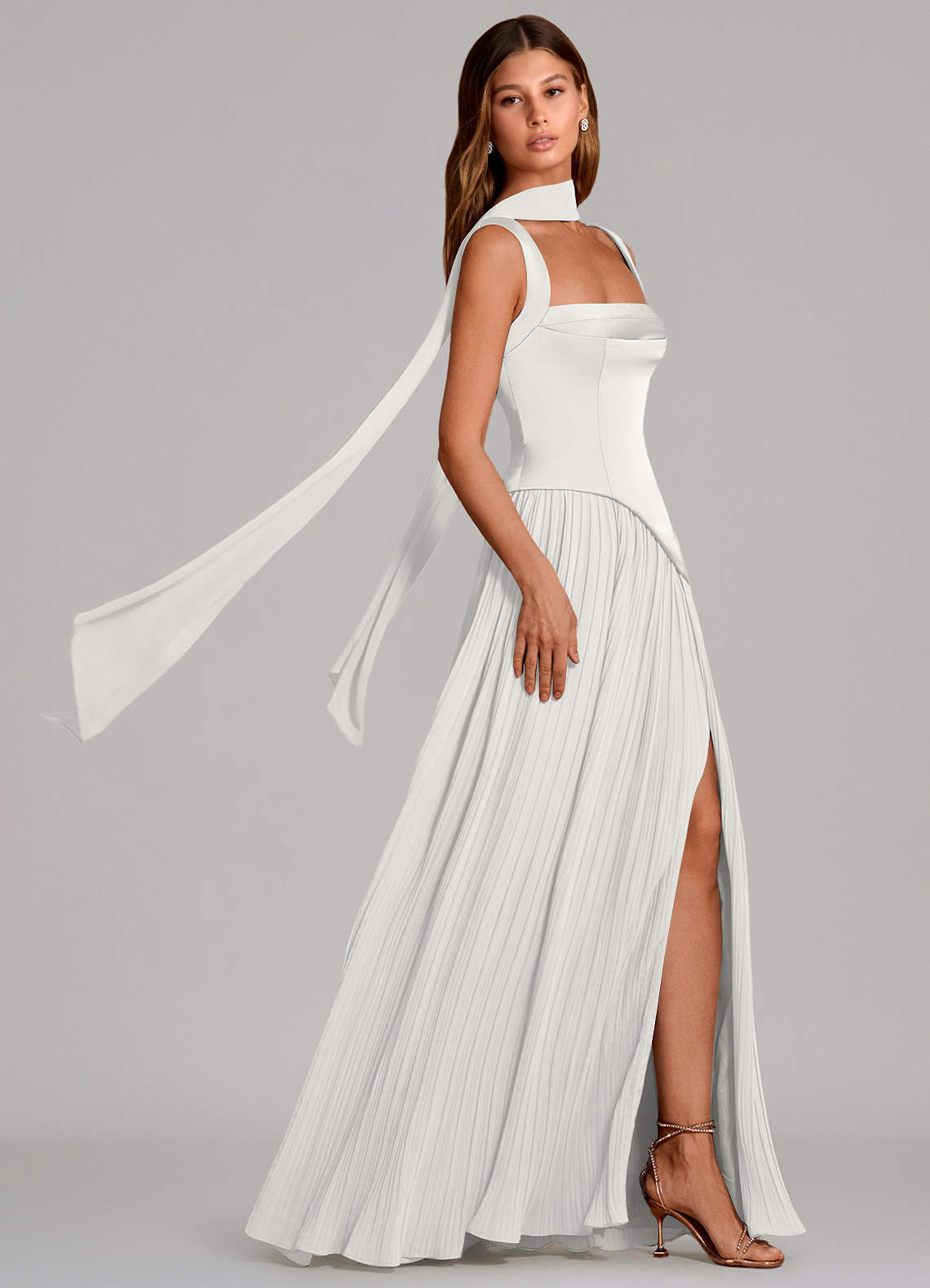 Stephanie A-Line Square-Neck Stretch Satin and Chiffon Bridesmaid Dress in white
