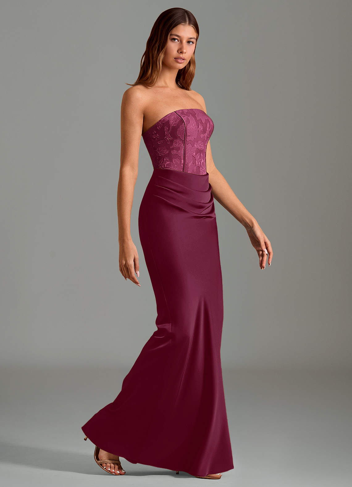 Emilia Mermaid Strapless Stretch Satin and Floral Burnout Bridesmaid Dress in Mulberry