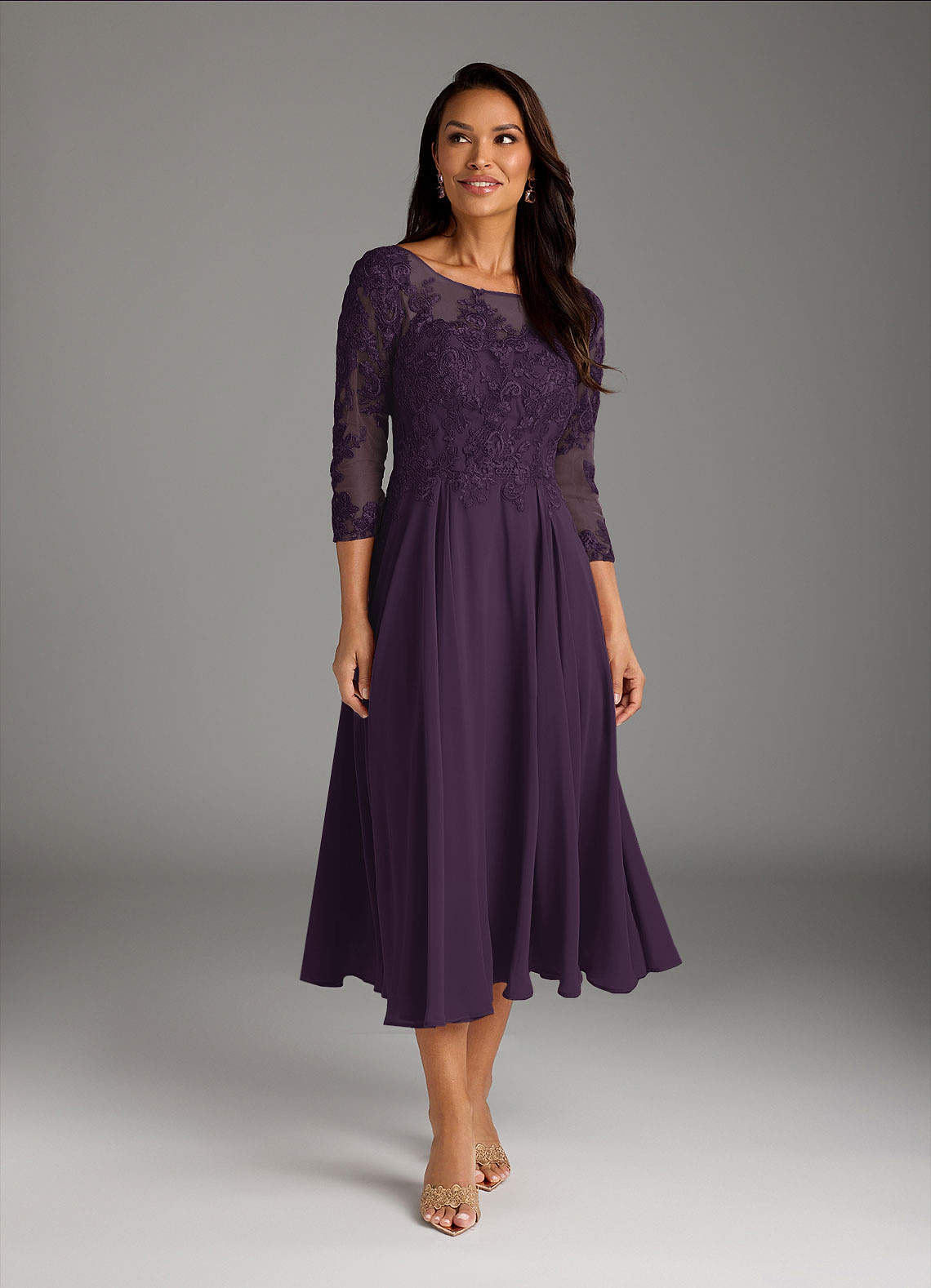 Marge A-Line Scoop-Neck Chiffon and Lace Mother of the Bride Dress in Plum