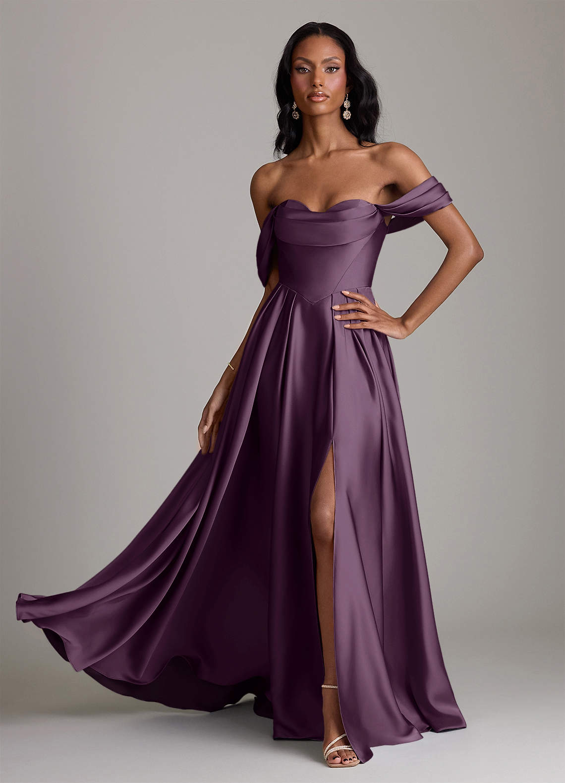 Loisa A-Line Off-the-Shoulder Stretch Satin Bridesmaid Dress in Plum