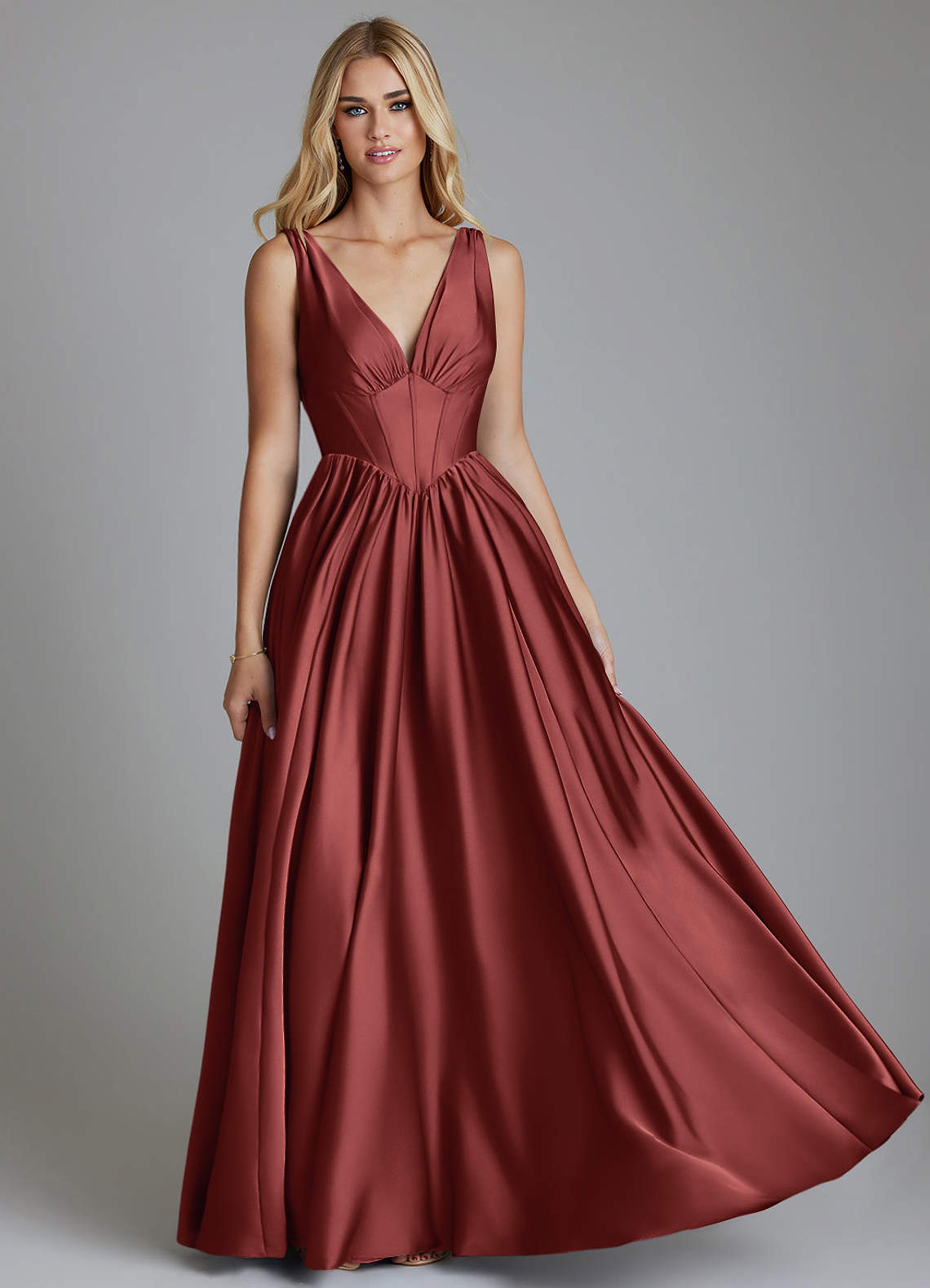 Delmie A-Line V-Neck Stretch Satin Bridesmaid Dress in Terracotta