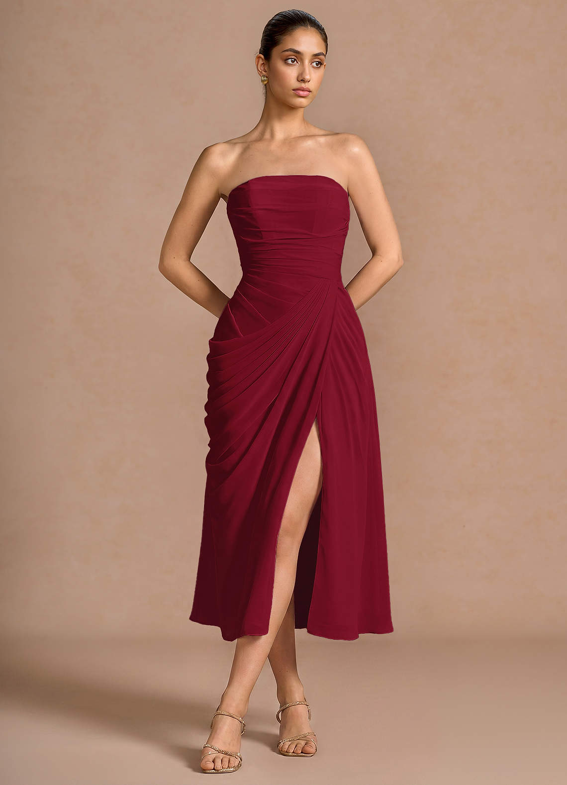 Kaavia Column Pleated Chiffon Midi Evening Dress in Merlot