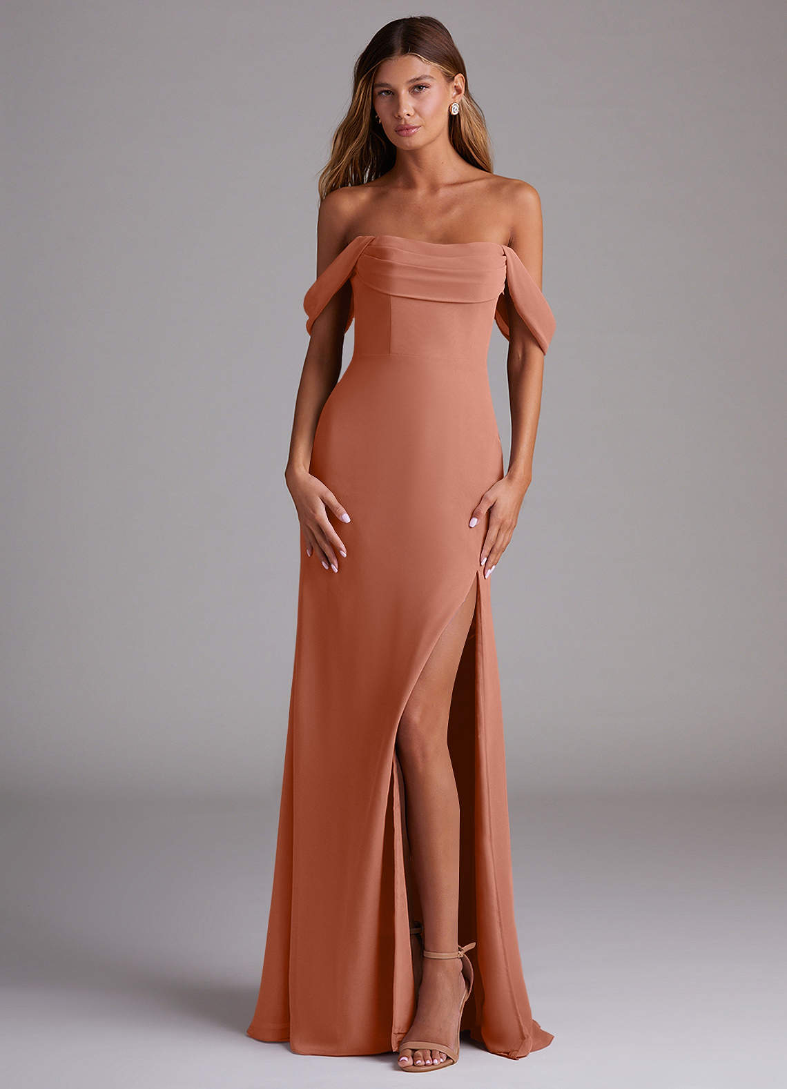 Saige A-Line Off-the-Shoulder Chiffon Bridesmaid Dress in MAI TAI