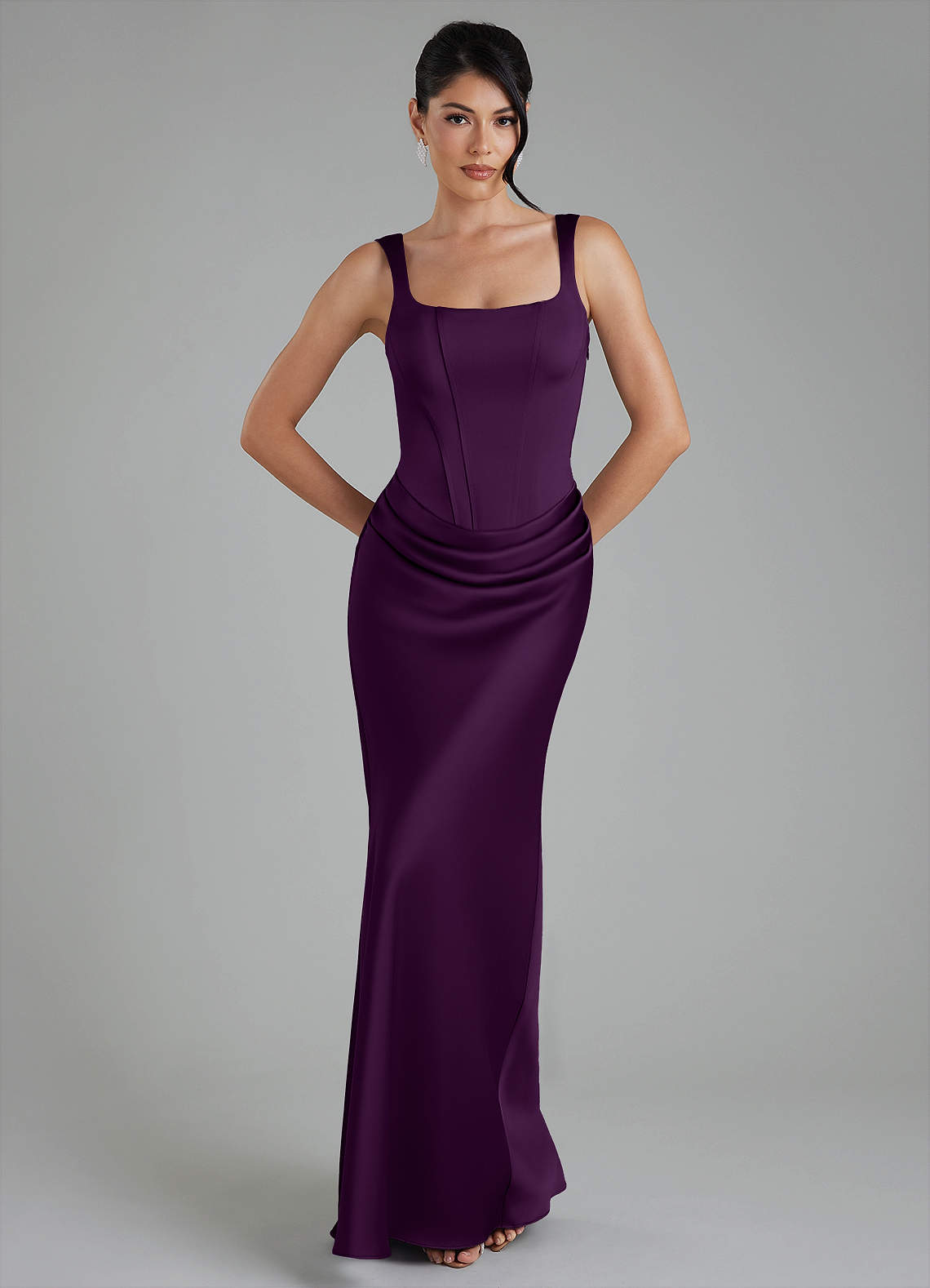 Etta Mermaid Square-Neck Stretch Satin Bridesmaid Dress in Grape