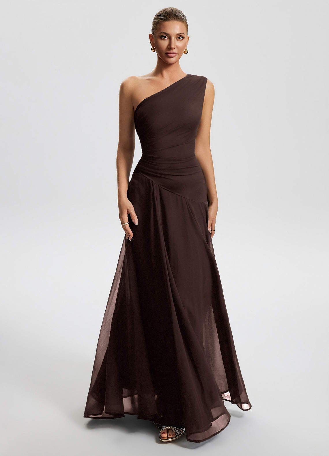 Sylvaine A-Line One-Shoulder Chiffon Wedding Guest Dress in Ganache