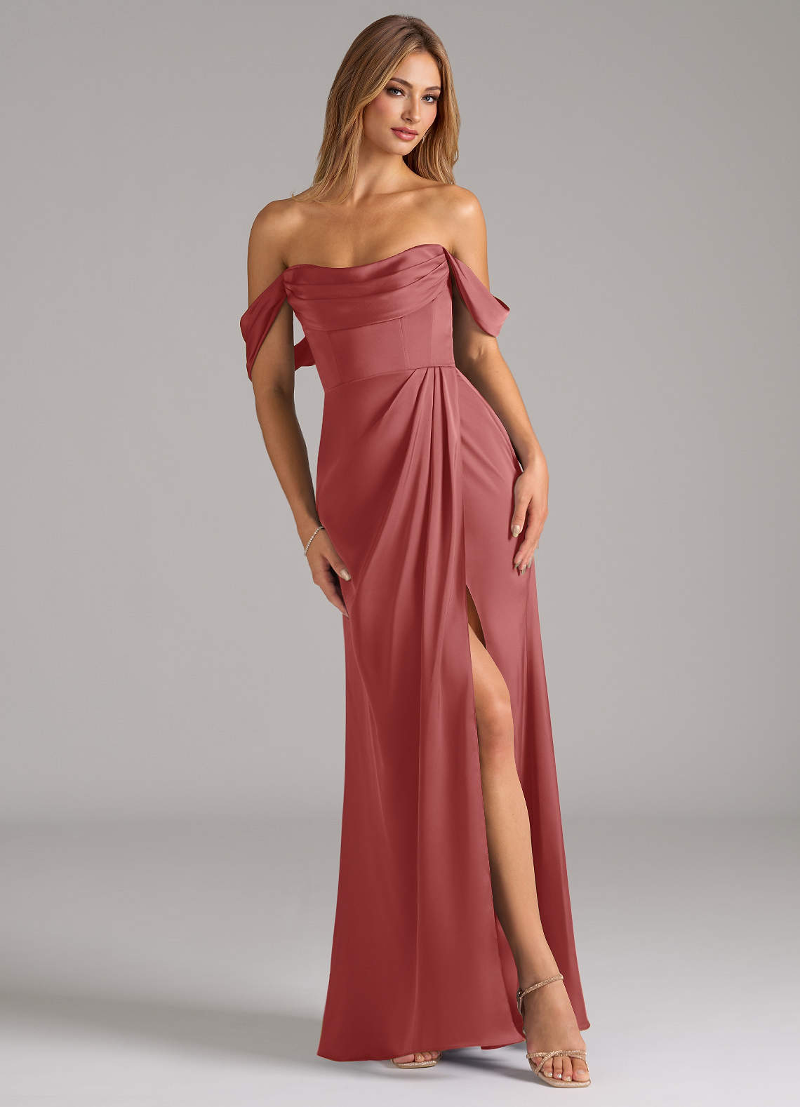 Johana Mermaid Off-the-Shoulder Stretch Satin Bridesmaid Dress in Antique Rose