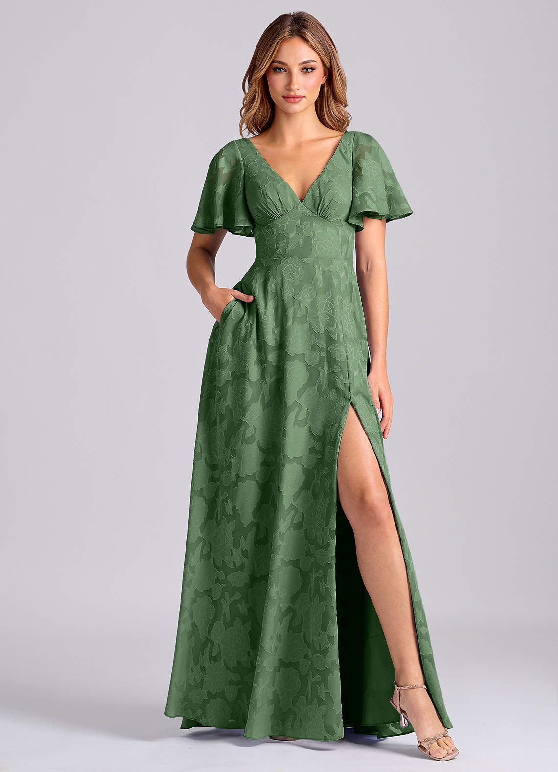 Kimber A-Line V-Neck Floral Burnout Bridesmaid Dress in Eucalyptus