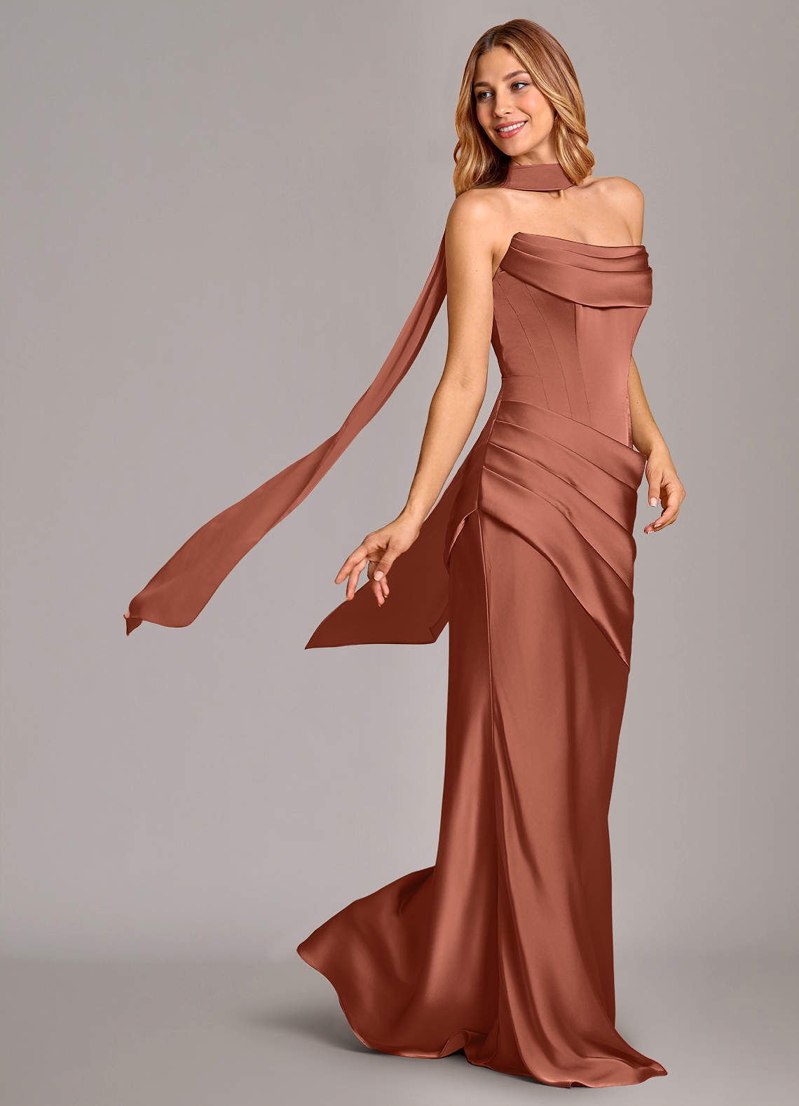 Pelagia Mermaid Cowl-Neck Stretch Satin Bridesmaid Dress in Auburn
