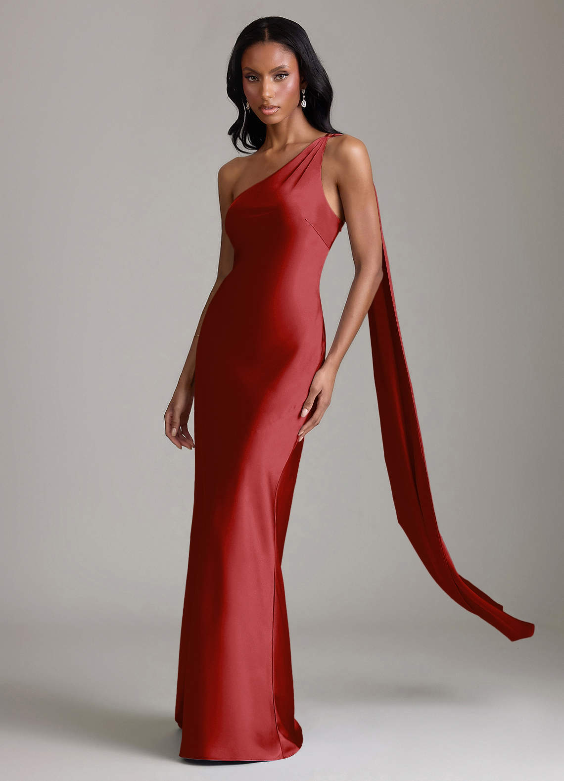 Juniper Mermaid One-Shoulder Stretch Satin Bridesmaid Dress in Pomegranate