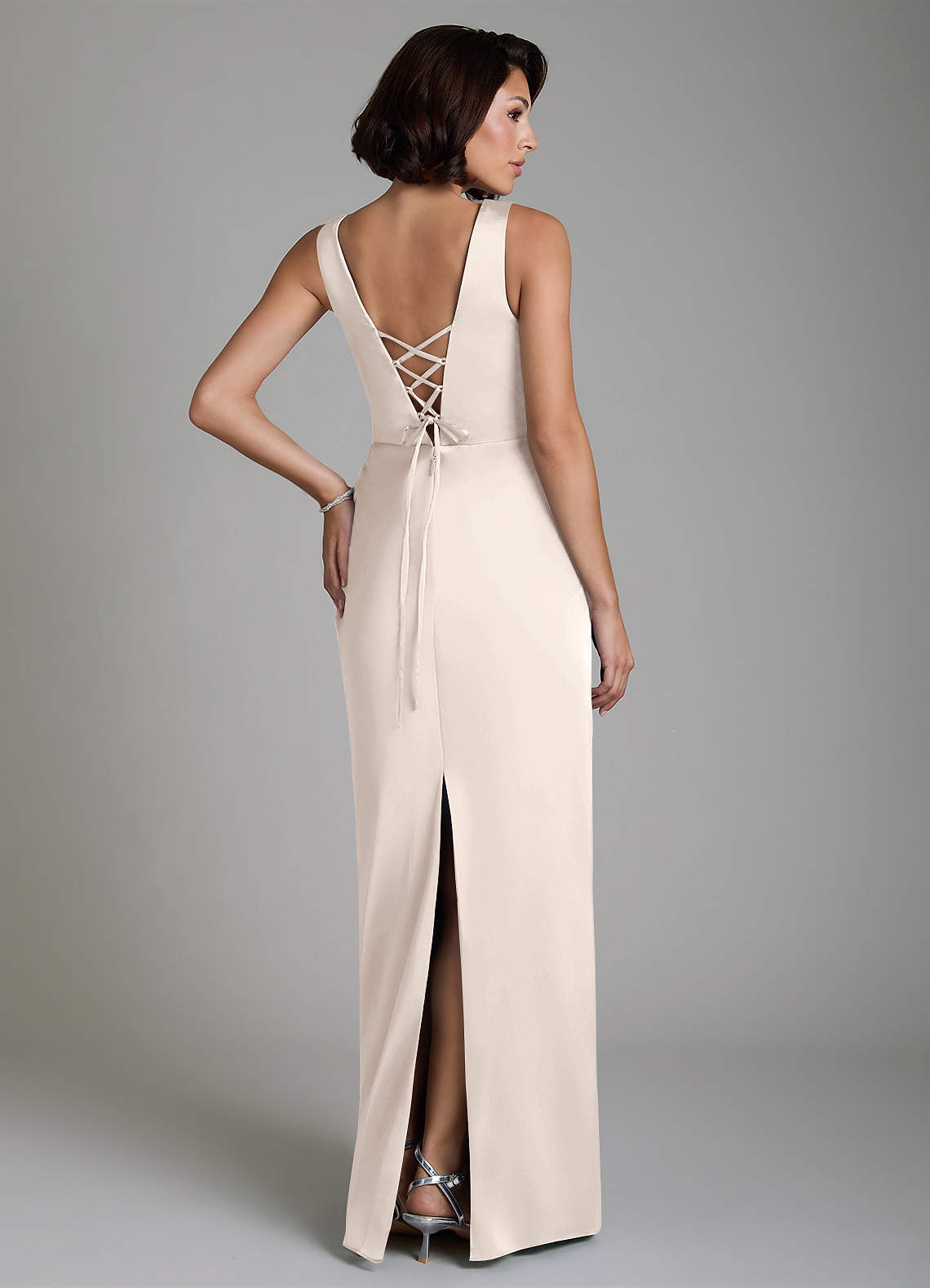 Vanya Sheath V-Neck Stretch Satin Bridesmaid Dress in White Alabaster