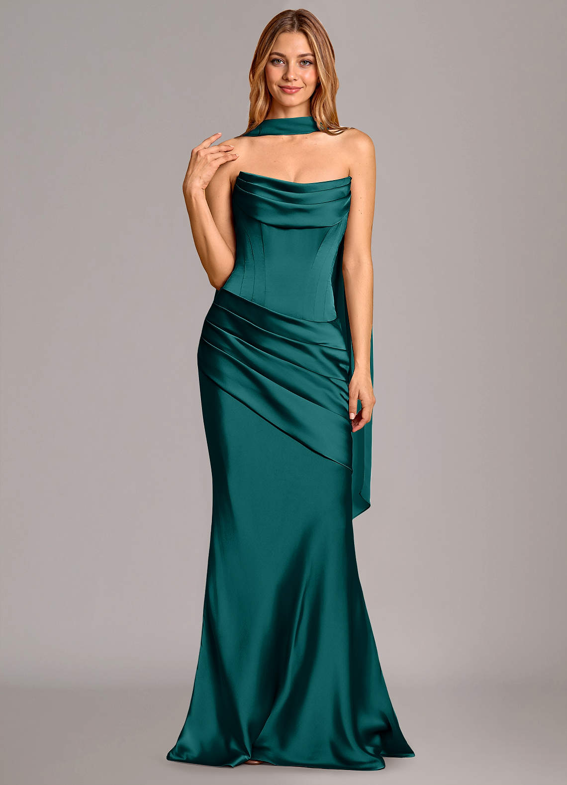 Pelagia Mermaid Cowl-Neck Stretch Satin Bridesmaid Dress in Peacock