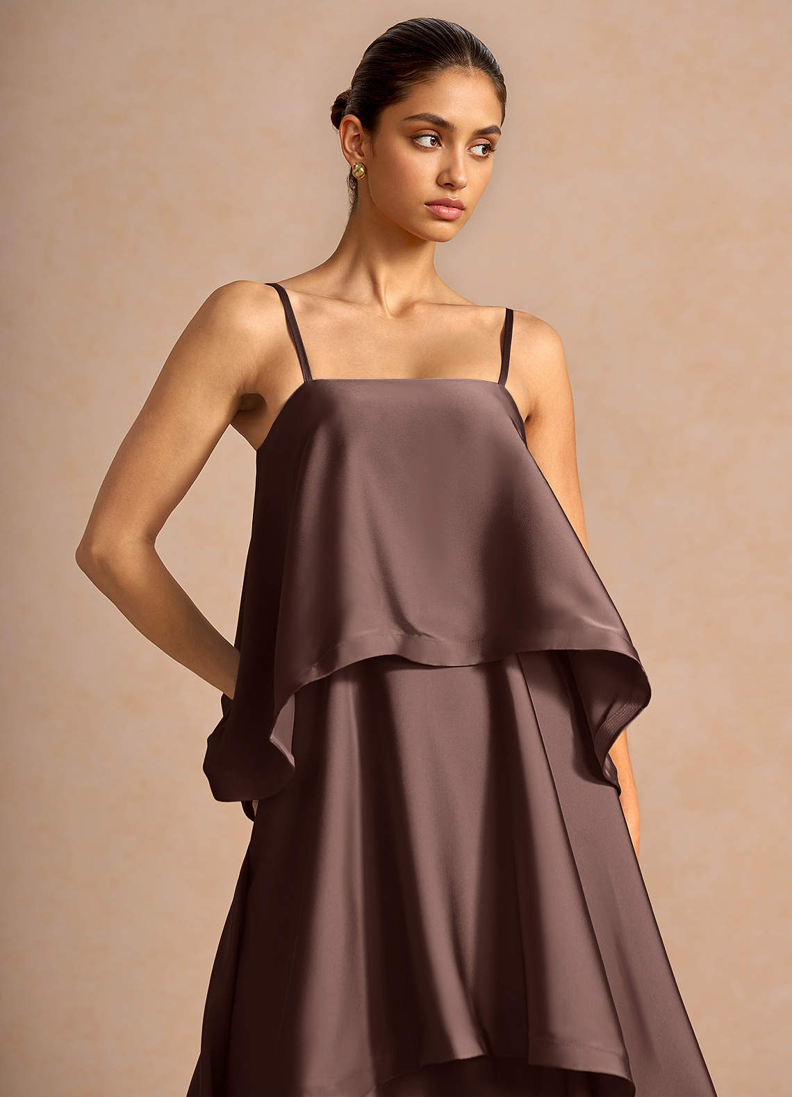 Itasca A-Line Tiered Stretch Satin Wedding Guest Dress in Truffle