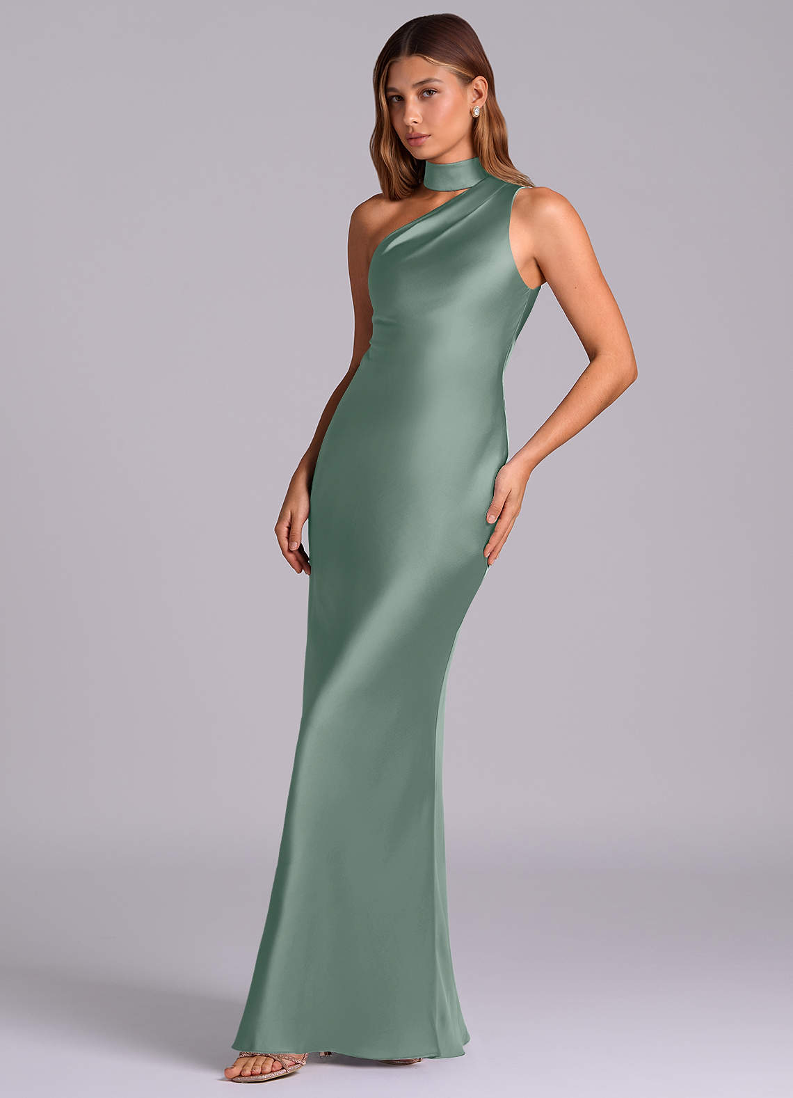 Seona Mermaid One-Shoulder Stretch Satin and Tulle Bridesmaid Dress in Silver Sage