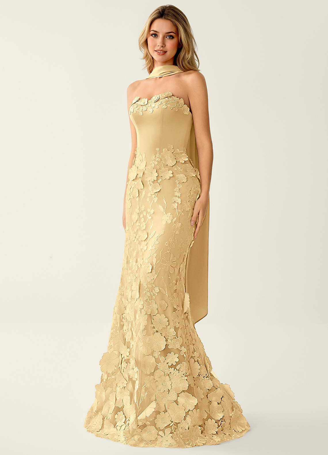 Wrensincia Mermaid Strapless Crystal Linen Satin Evening Dress in Dark Champagne