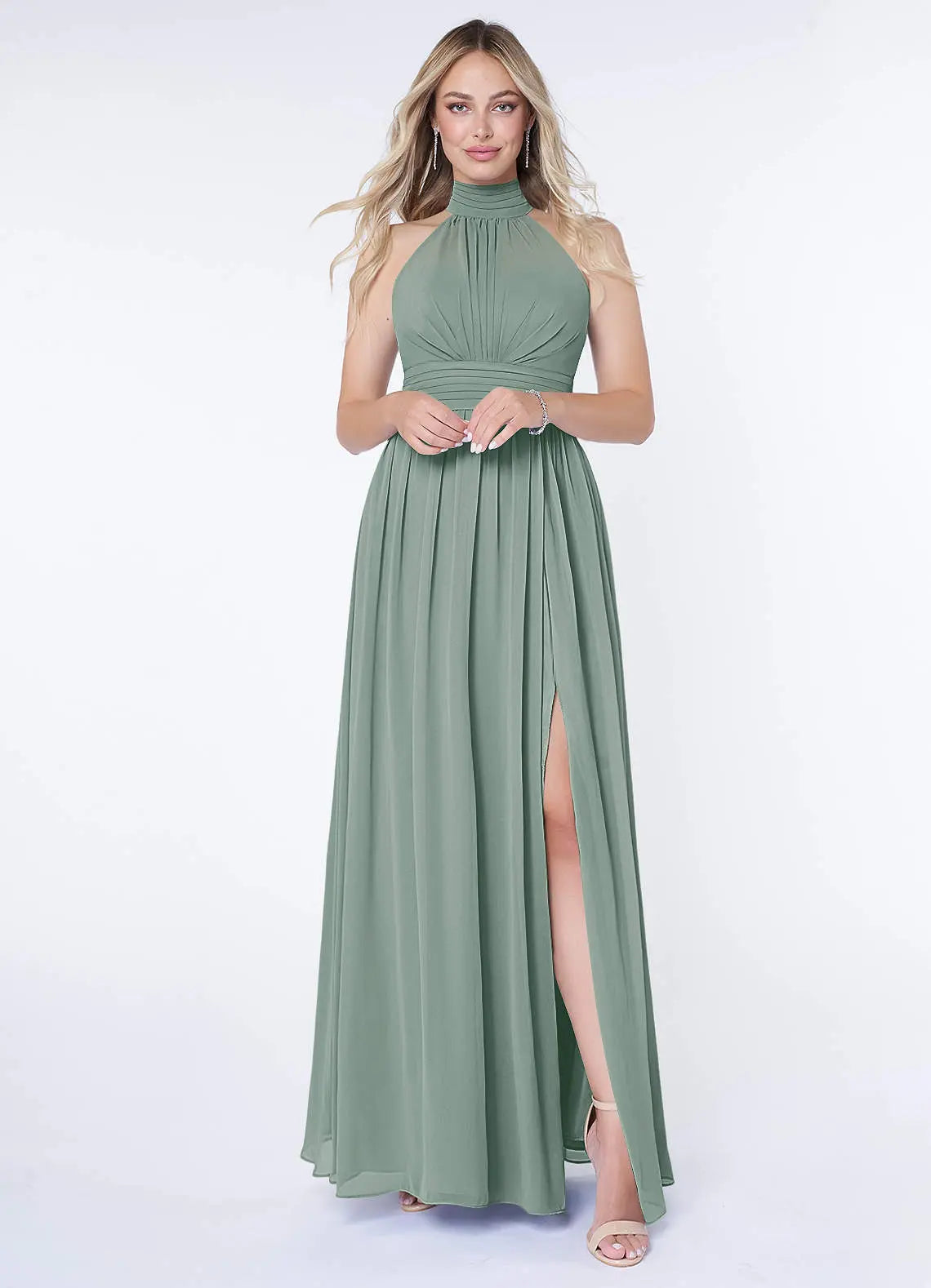 Iman A-Line Halter Chiffon Bridesmaid Dress in Silver Sage