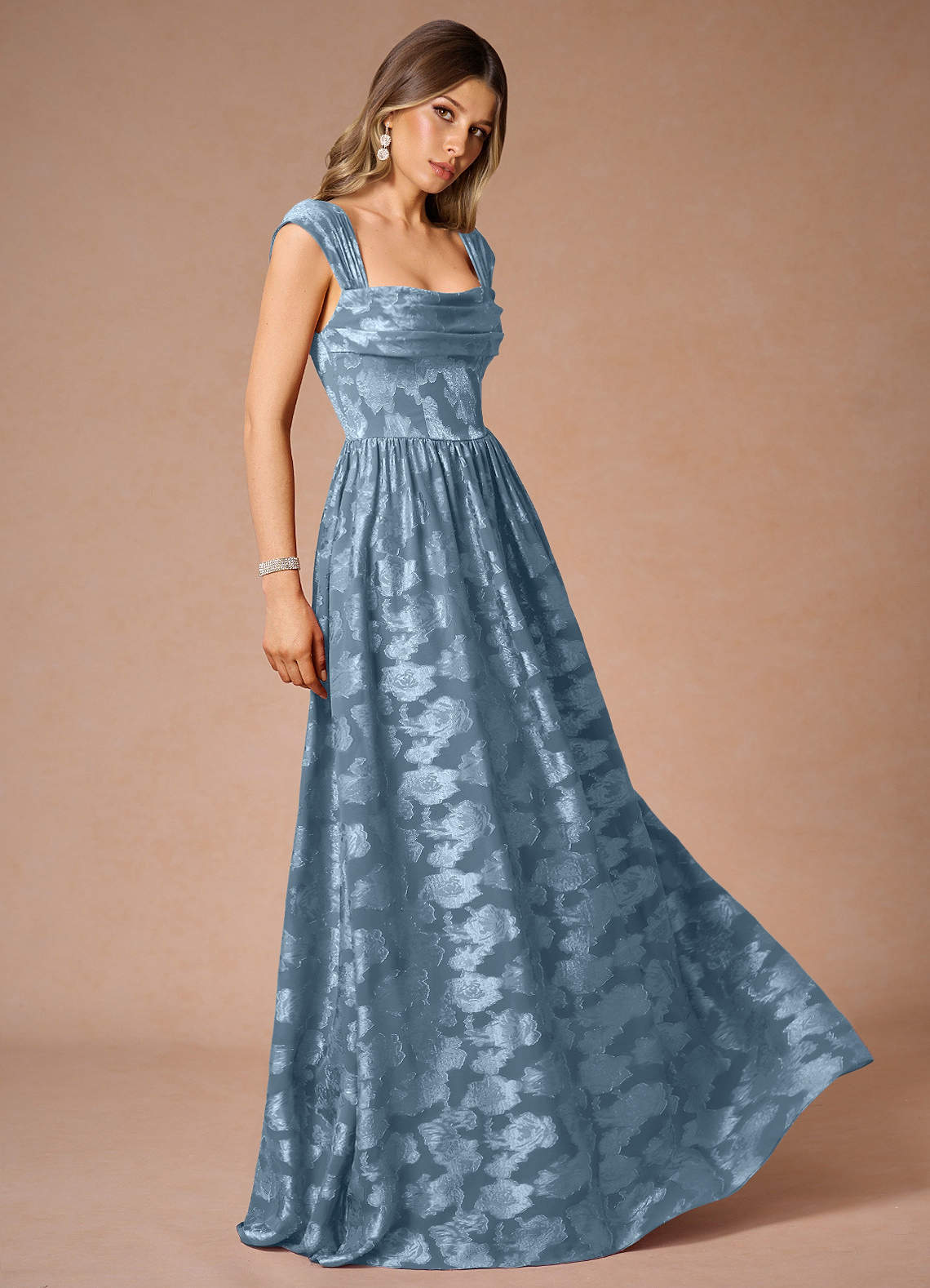 Hazel A-Line Cowl-Neck Fil Coupé Wedding Guest Dress in Dusty Blue