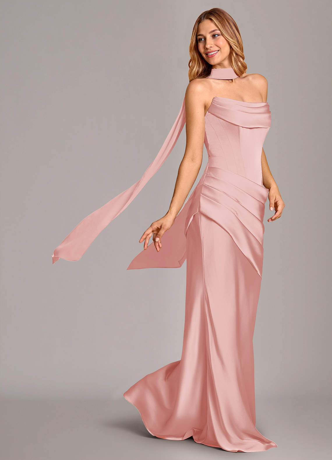 Pelagia Mermaid Cowl-Neck Stretch Satin Bridesmaid Dress in Powder Pink