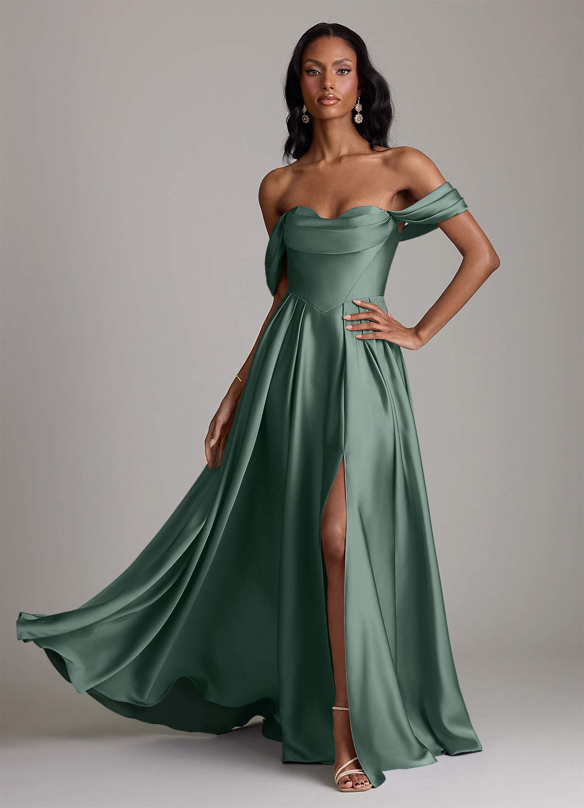 Loisa A-Line Off-the-Shoulder Stretch Satin Bridesmaid Dress in Sea Moss