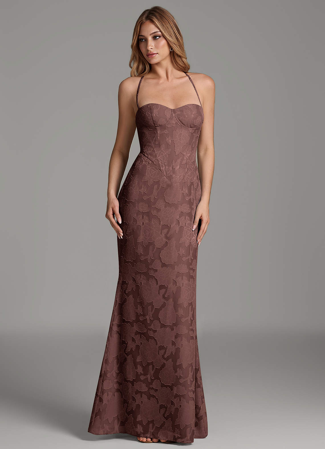 Dara Mermaid Sweetheart Floral Burnout Bridesmaid Dress in Espresso