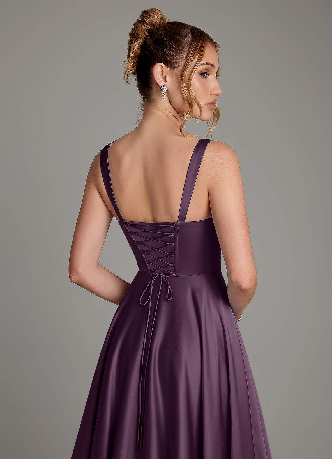 Azaria A-Line Square-Neck Stretch Satin Bridesmaid Dress in Plum