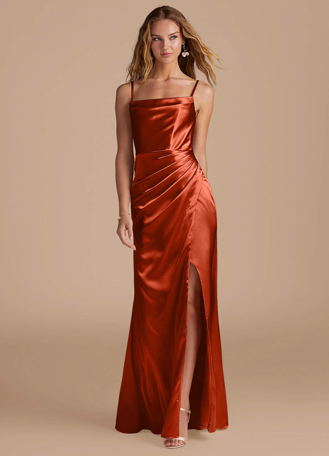 Marzia Mermaid Square-Neck Metallic Satin Bridesmaid Dress in Paprika