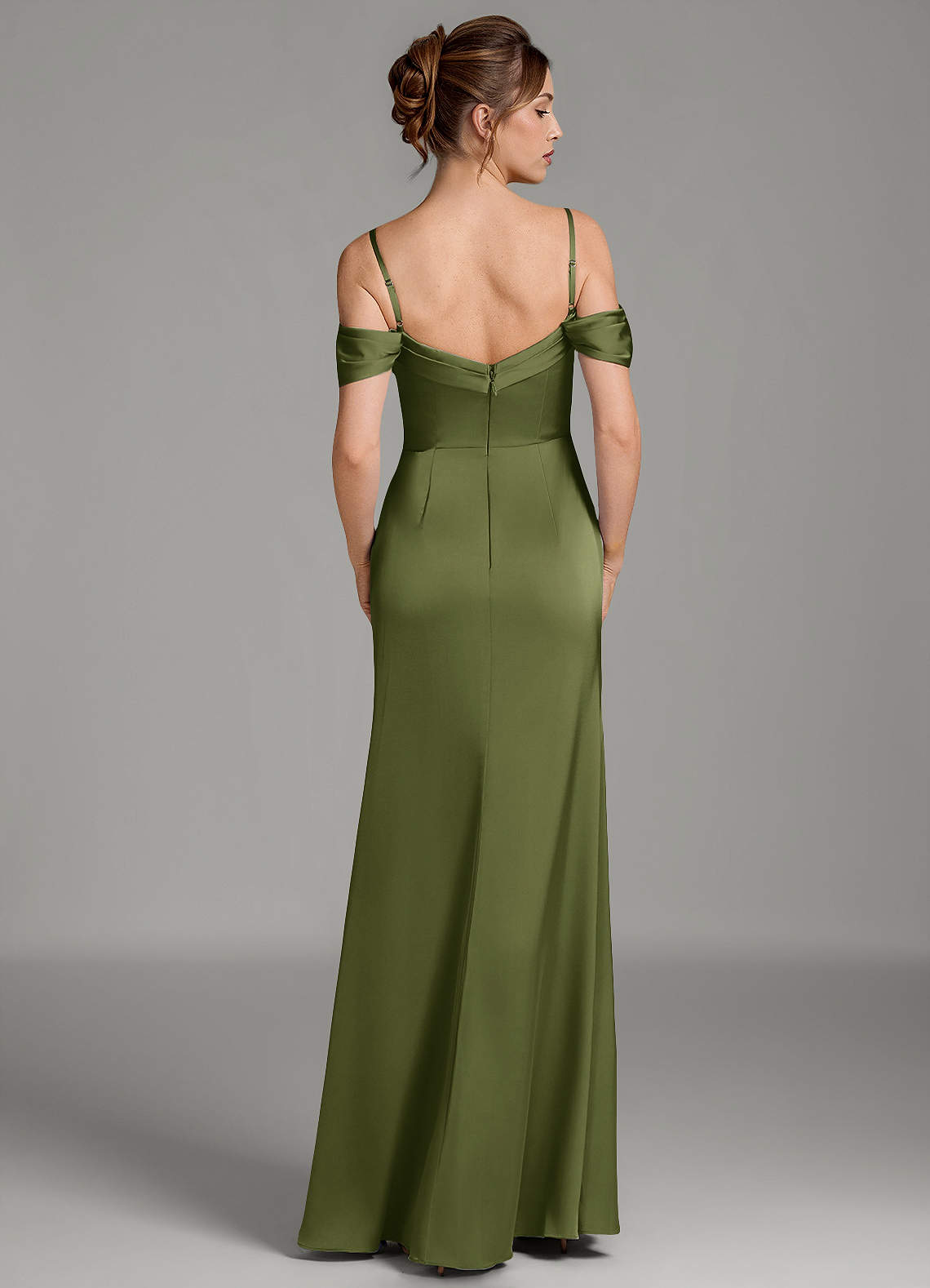 Wyatt Mermaid Off-the-Shoulder Stretch Satin Bridesmaid Dress in Olive