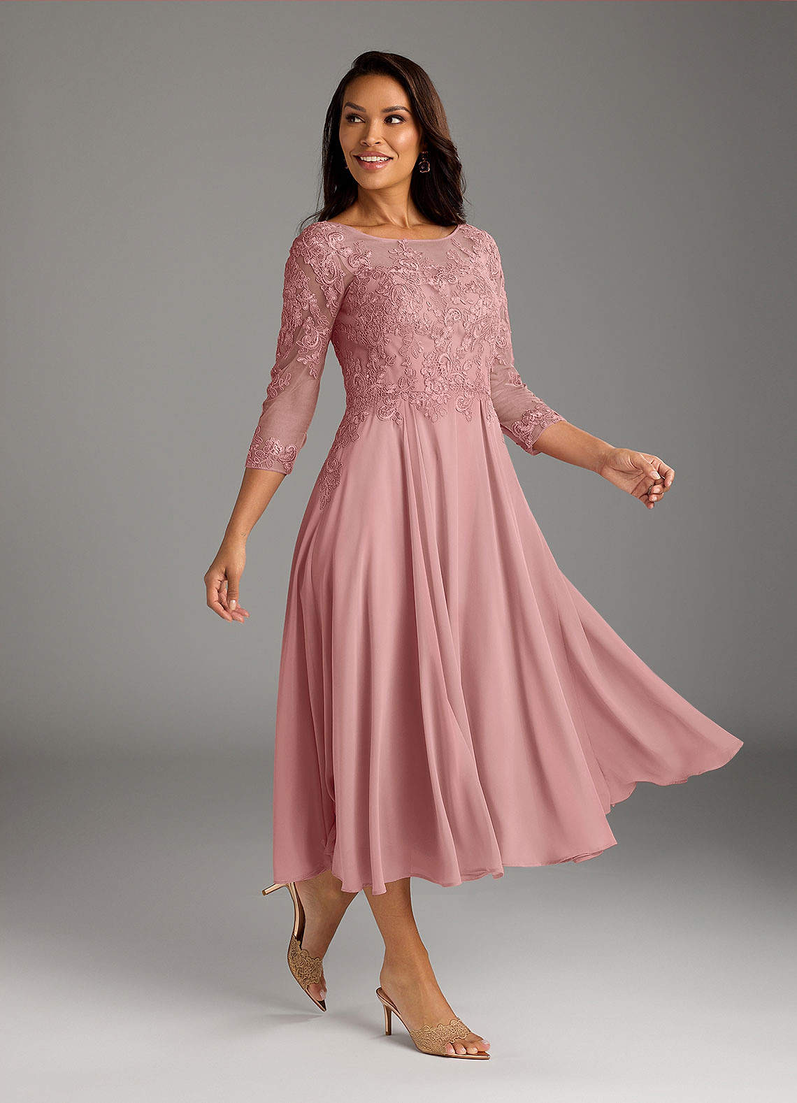Marge A-Line Scoop-Neck Chiffon and Lace Mother of the Bride Dress in Dusty Rose