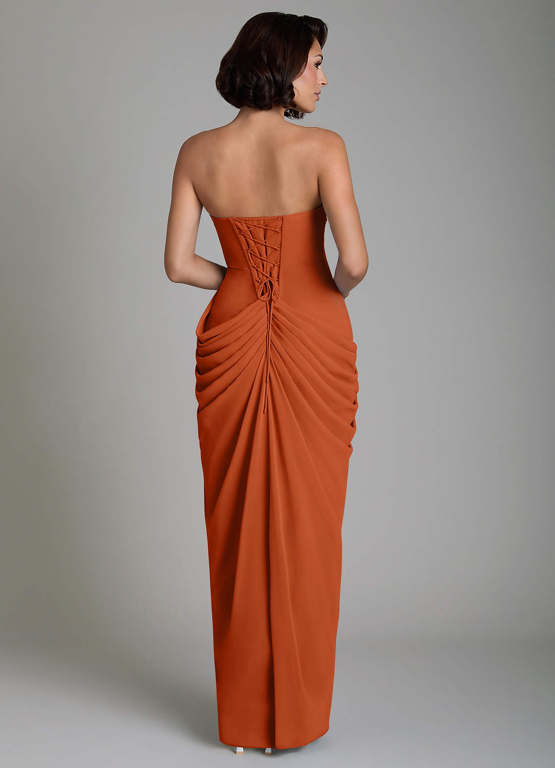 Nyra Sheath Strapless Chiffon Bridesmaid Dress in Burnt Orange