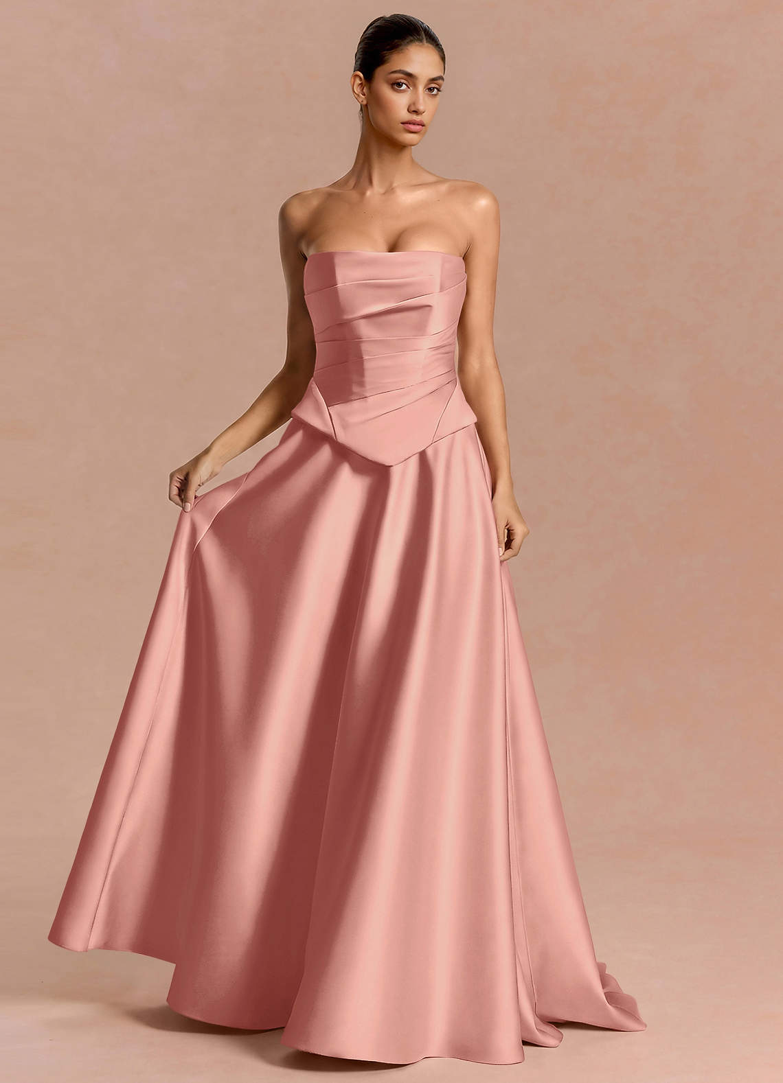 Eponine A-Line Pleated Stretch Satin Evening Dress in Rosette