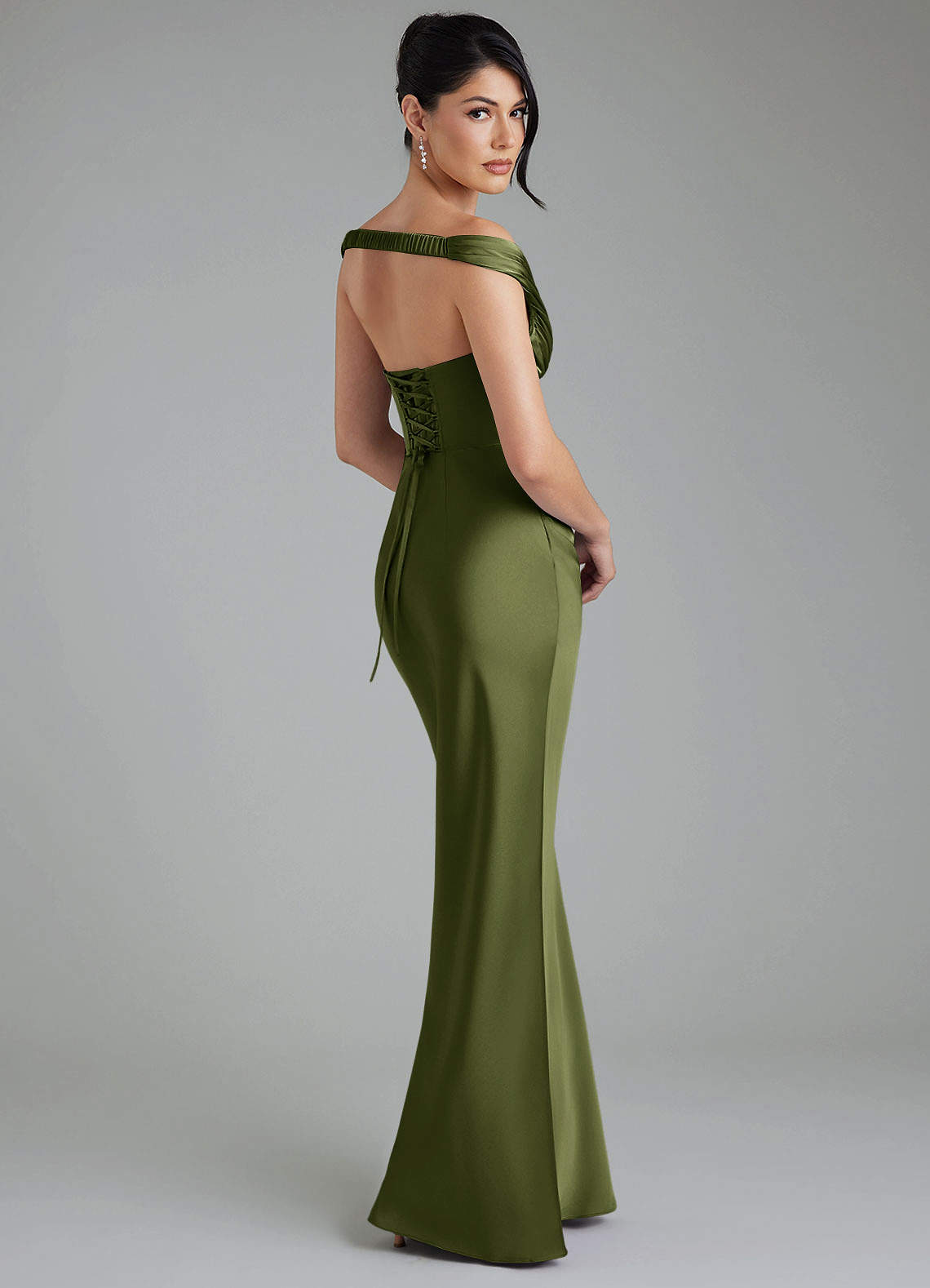Stella Sheath V-Neck Stretch Satin Bridesmaid Dress in Olive