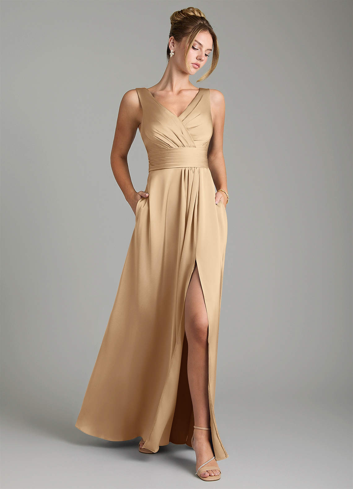 Karina A-Line V-Neck Stretch Satin Bridesmaid Dress in Champagne