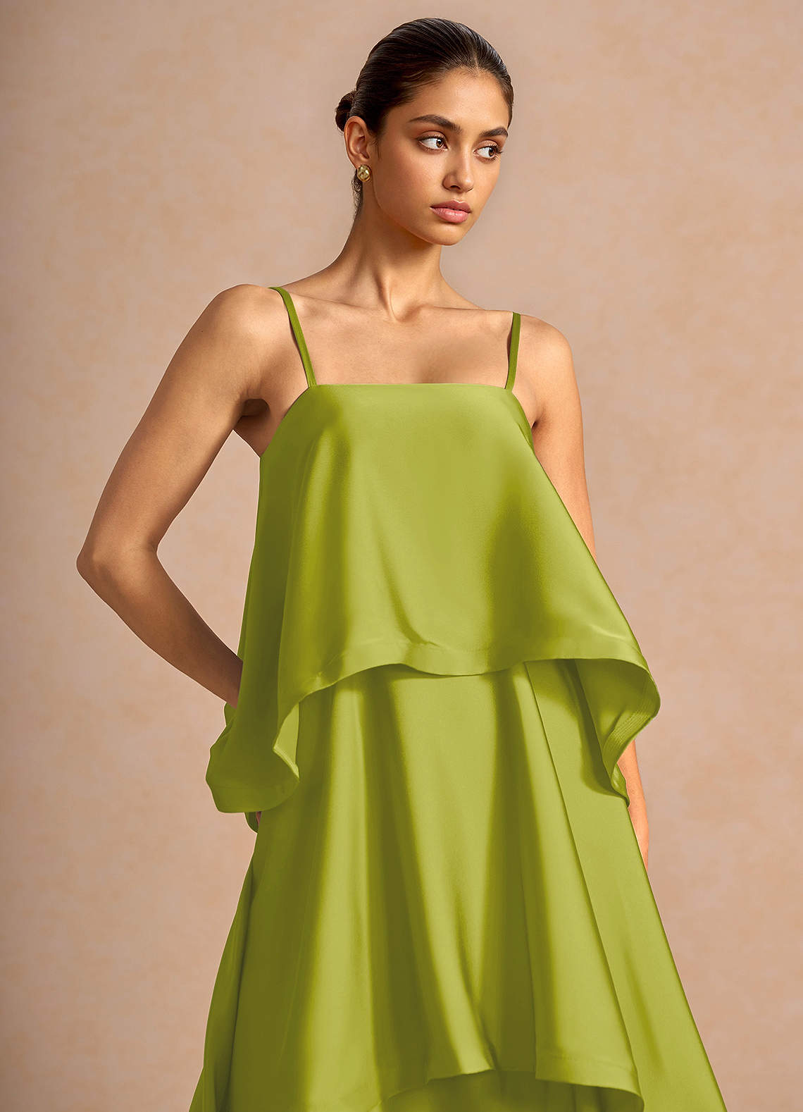 Itasca A-Line Tiered Stretch Satin Wedding Guest Dress in Lemon Green