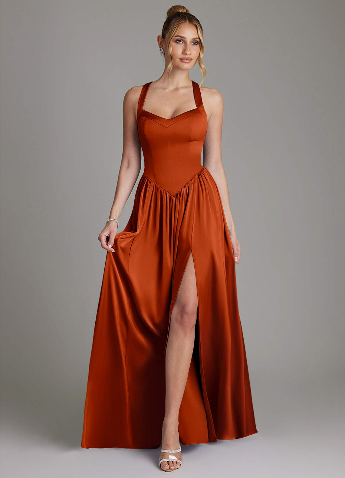 Francis A-Line V-Neck Stretch Satin Bridesmaid Dress in Paprika