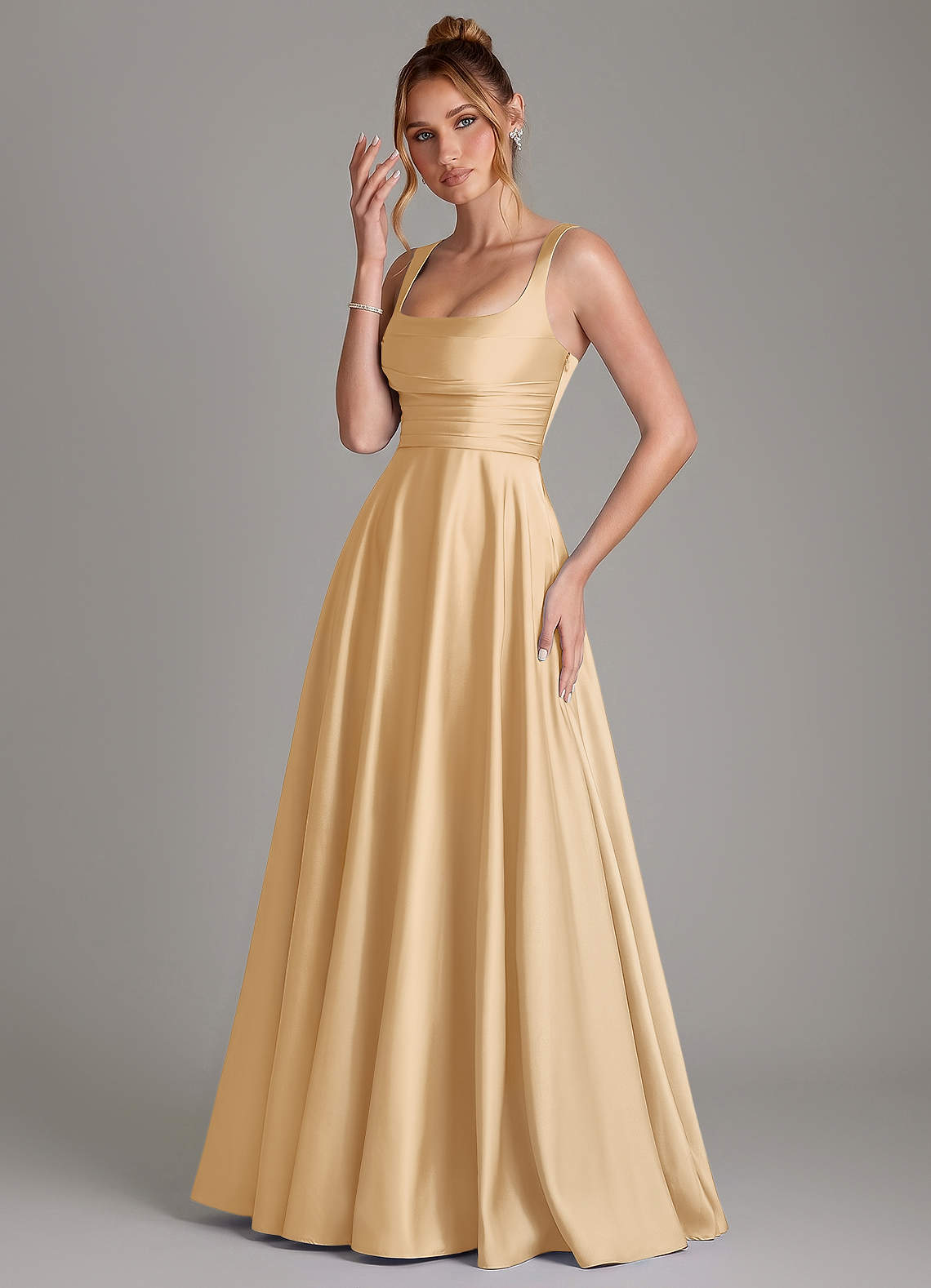 Azaria A-Line Square-Neck Stretch Satin Bridesmaid Dress in Gold