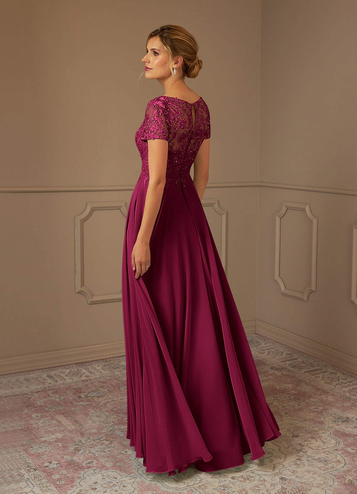 Adina A-Line Boat-Neck Chiffon Mother of the Bride Dress in Burgundy